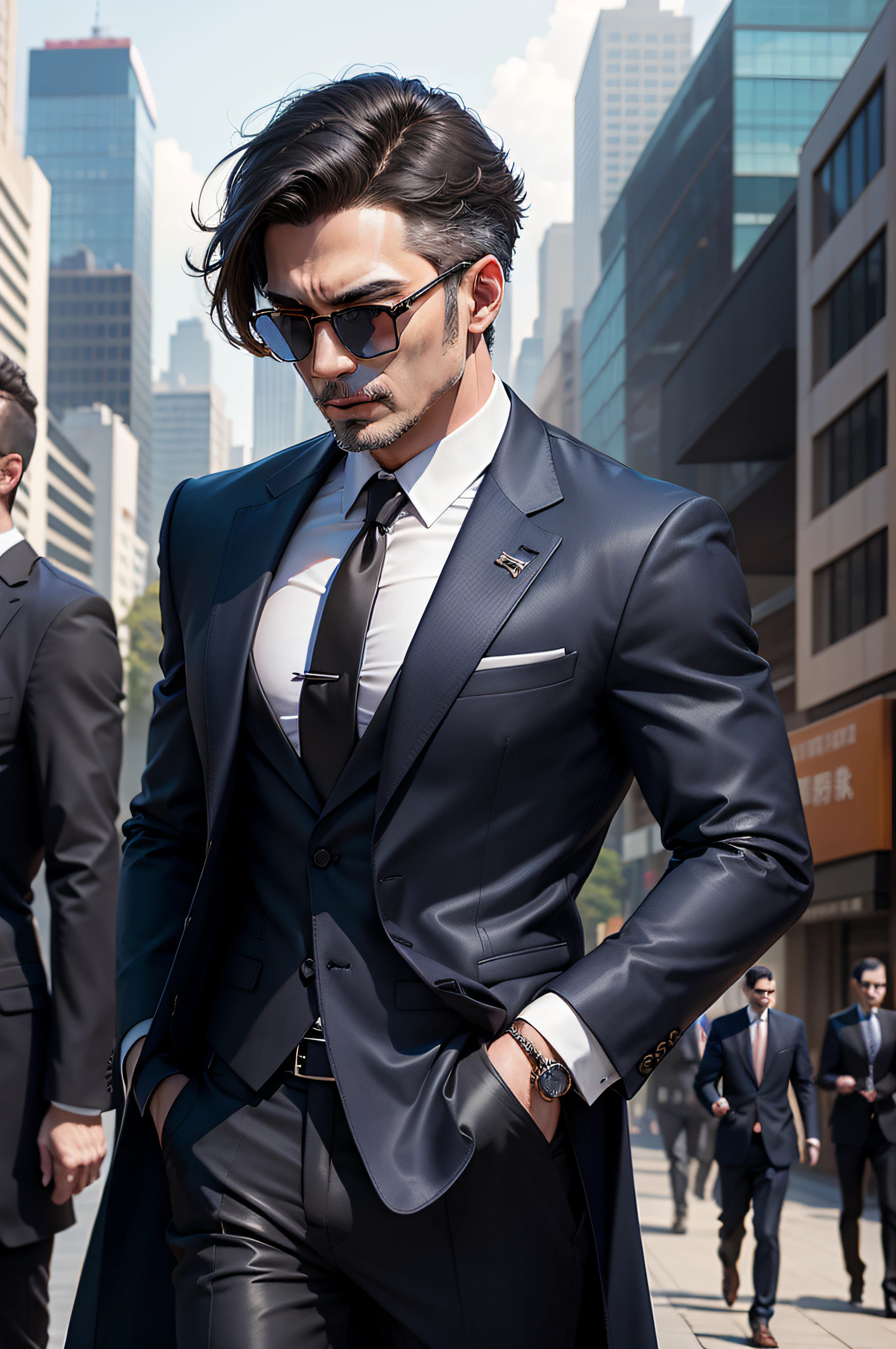 Business suit、wind coat、Mature men、With sunglasses、Modern city background、Perfectcomposition、Intricate and detailed、Ultra-detailed and ultra-precise process design、Ultra HD 32K quality