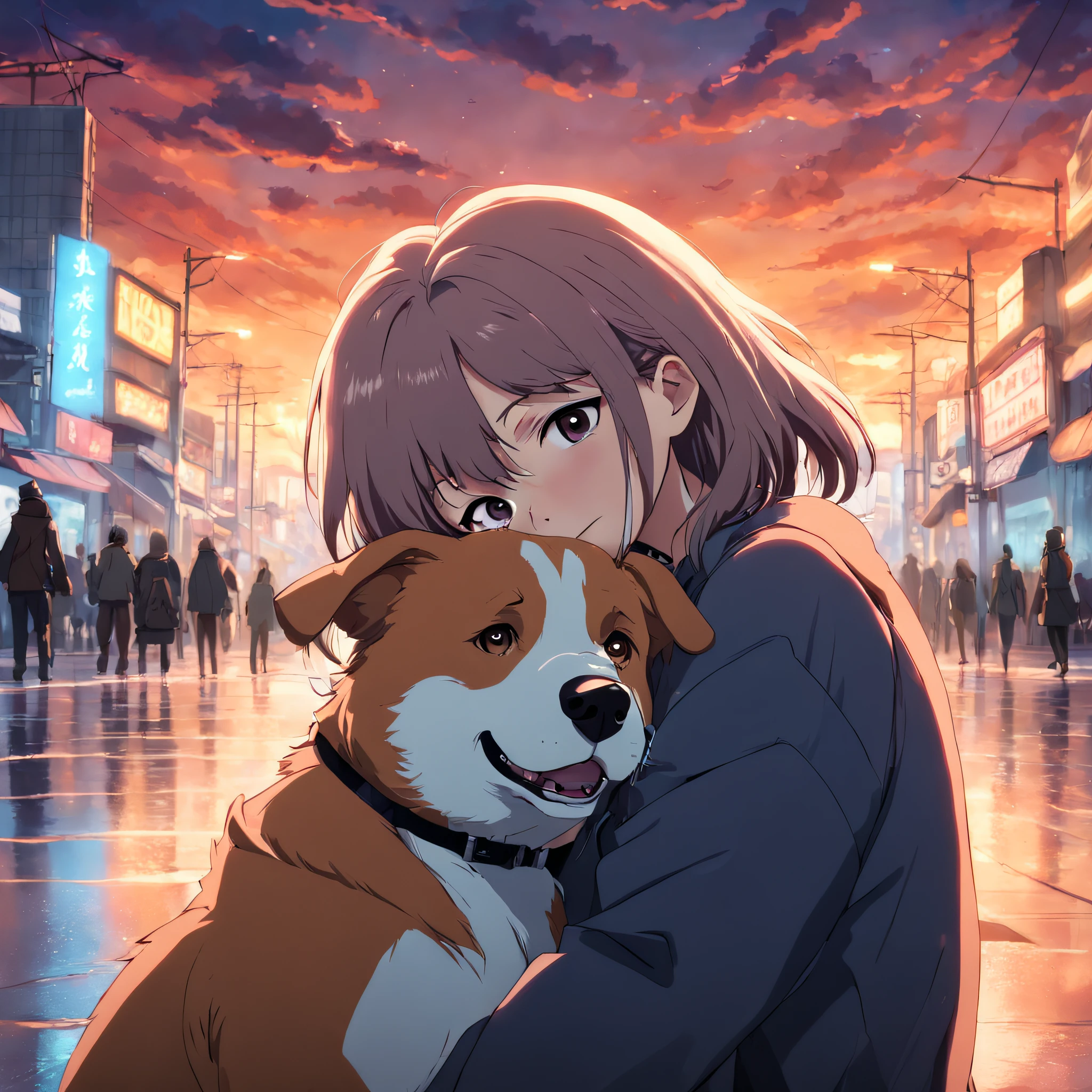 masterpiece, best quality, movie still, 1girl, hugging her dog very happy, beautiful vanilla sky background