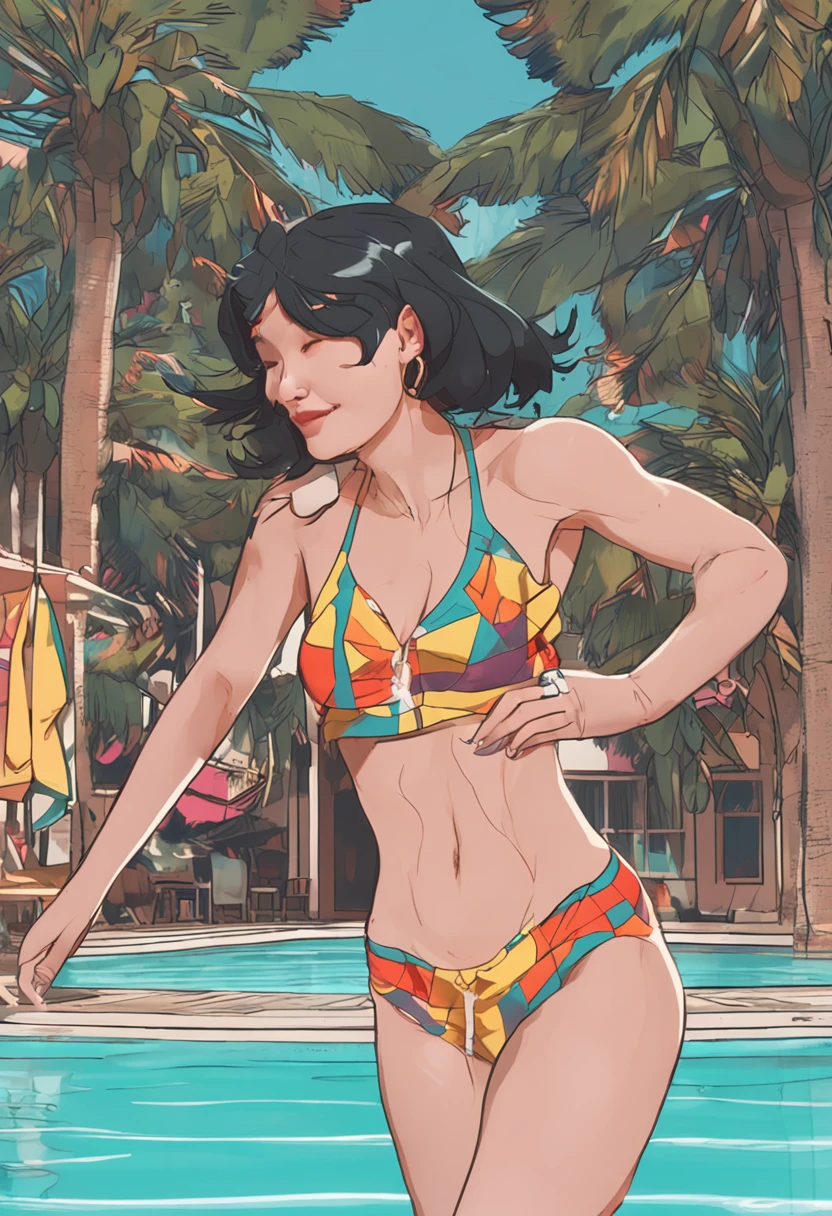 black hair, longeyelashes, solid circle eyes, light smile, swim wears, Live Action, Eversummer, Southland, sun burn, short-hair, Surrealism, drop shadow, anaglyph, stereogram, atmospheric perspective, Surrealism, high detail, Realism, Verism, a picture, 8k, super detail, ccurate, best quality, textured skin, UHD, anatomically correct, high details, award winning