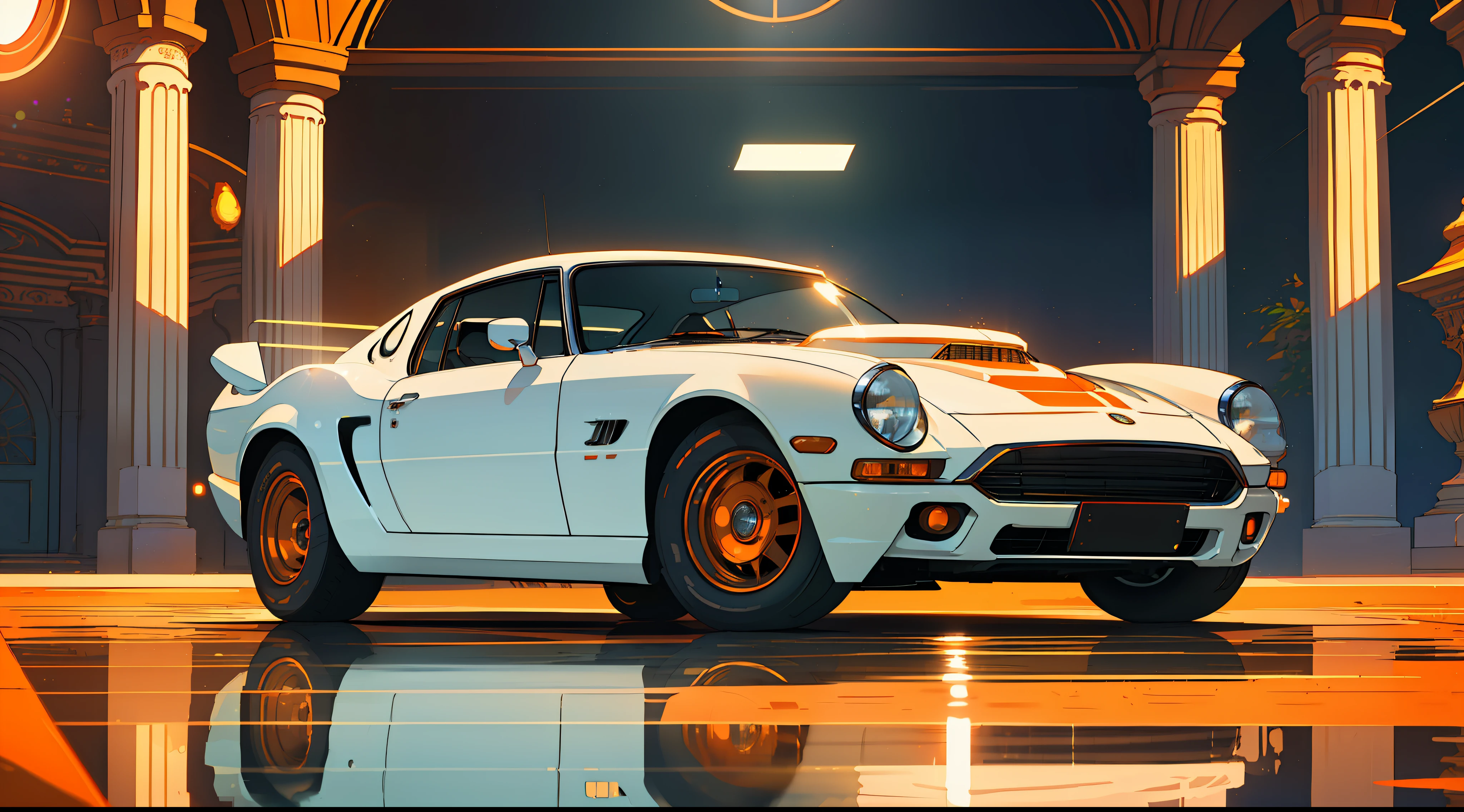 (masterpiece)+, (Best Quality)+, (Intricate Detail)+, design me the most beautiful car in the world, white paint with orange highlights, showroom concept, lens flare, camera artefact, professional photographer, 4k, HDR, longitudinal symmetry