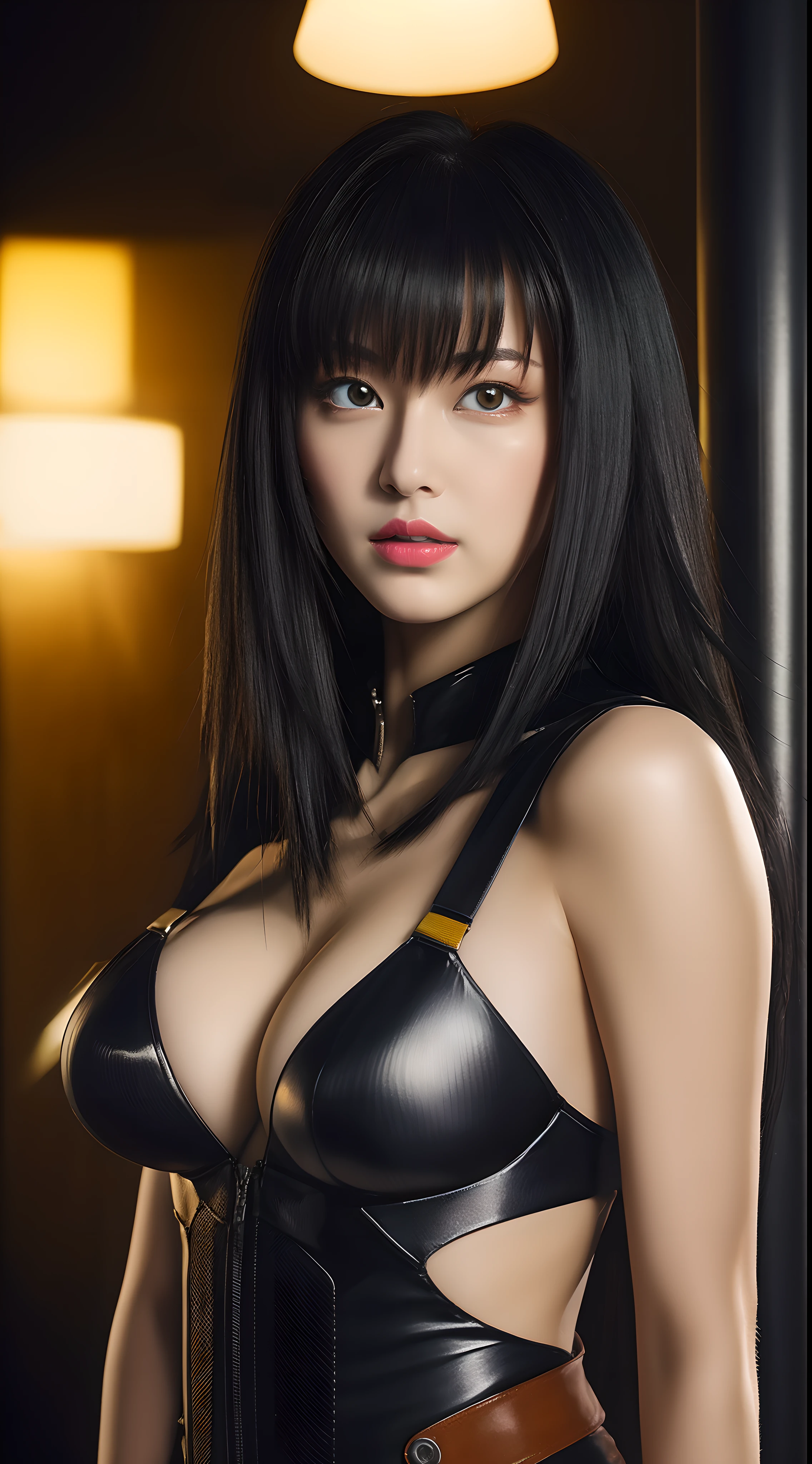 professional artwork, Intricate Details, field of view, sharp focus, detailed painting, photorealistic lighting, trending on pixiv,(masterpiece:1.0),(best_quality:1.0), ultra high res, ultra-detailed, photography, 8K, HDR, highres, absurdres:1.2, Kodak portra 400, film grain, sharp focus, bokeh:1.2, lens flare, (vibrant_color:1.2), (((indoors, dark night district))), Annerose, 1girl, female mature, ((long hair, black hair:1.4)), (yellow eyes:1.4), (((large breasts:1.4))), ((bodysuit)), skin tight, hair intakes, (((solo:1.4))), (upper body, half body shot, covered breasts), seductive, shiny clothes, (((looking at viewer))), (((upper body, half body shot))), ((hyper realistic, realistic face, realistic skin, realistic lips, realistic eyes, realistic bodysuit, hyper detail bodysuit))