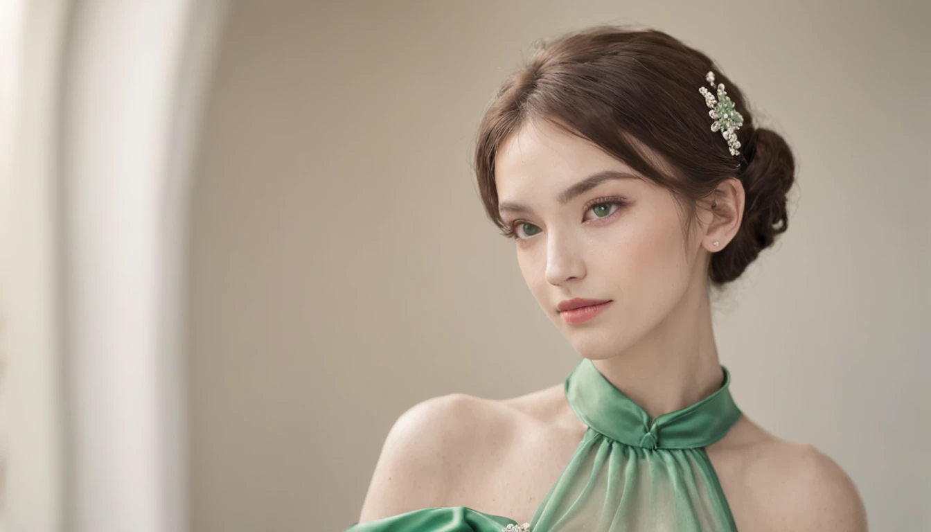 Green Pearl Necklace, Satin green long gloves, lipsticks, Shorthair, satin, Green Wedding Dresses, bride, the kiss, a smile