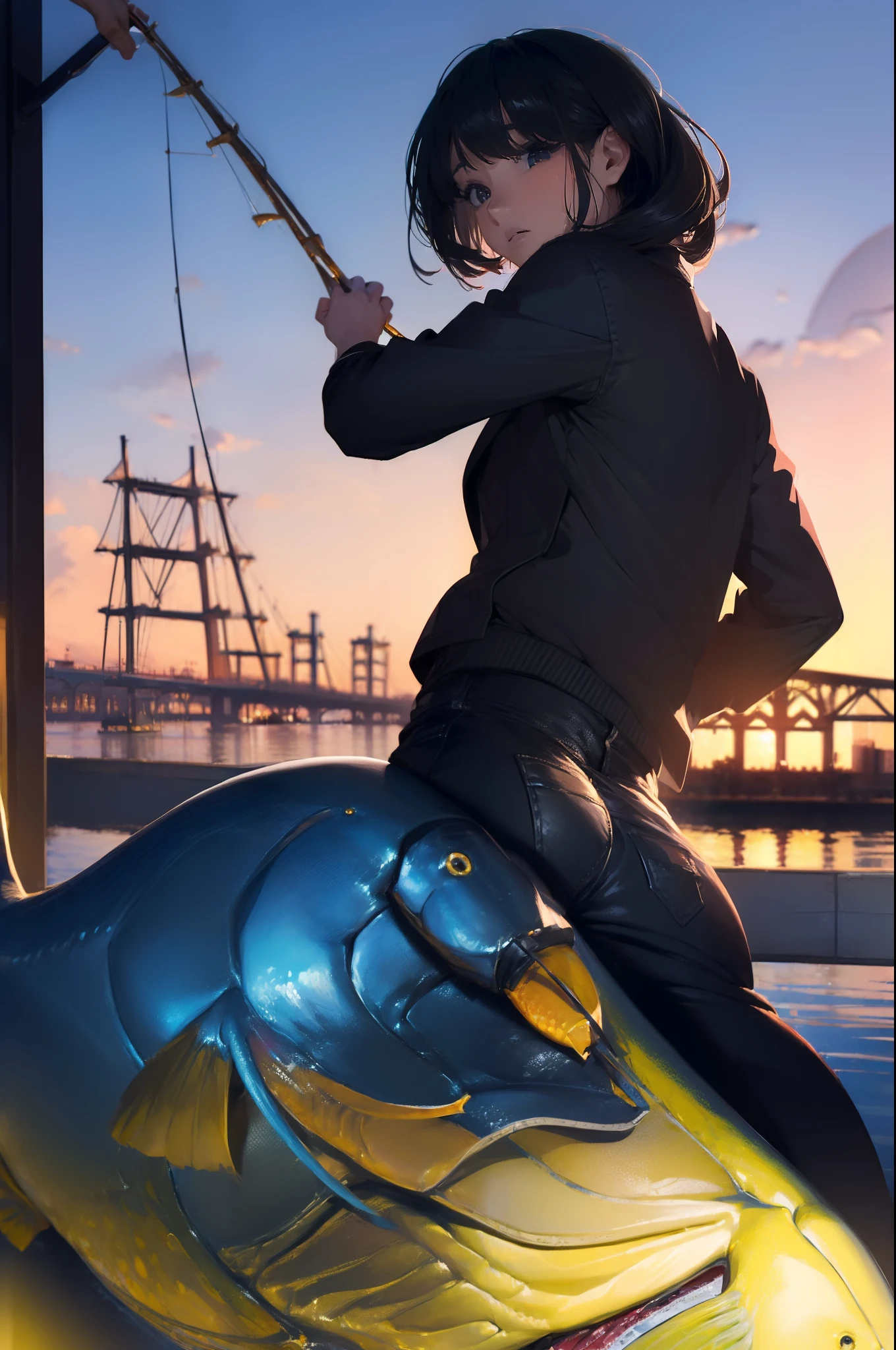 ((((Catching a big fish by the lakeside:1.5)))),((Female 28 years old)),((Best Quality:1.5)),(((Hands with the correct number and structure of fingers:1.4))),((Big fish:1.37)),hight resolution,ultra-detailliert,​masterpiece,best qualtiy,Eight-headed body,Black hair, long eyeslashes, Solid Circle Eyes, drop shadow, Atmospheric perspective,Super Detail, ccurate, small brest,(Black jacket and black jeans :1.1),top-quality, blurry backround, bokeh dof:1.2, (​masterpiece:1.3),  Atmospheric perspective,Super Detail,dynamic compositions,top-quality、​Very beautiful CG、finely detail、