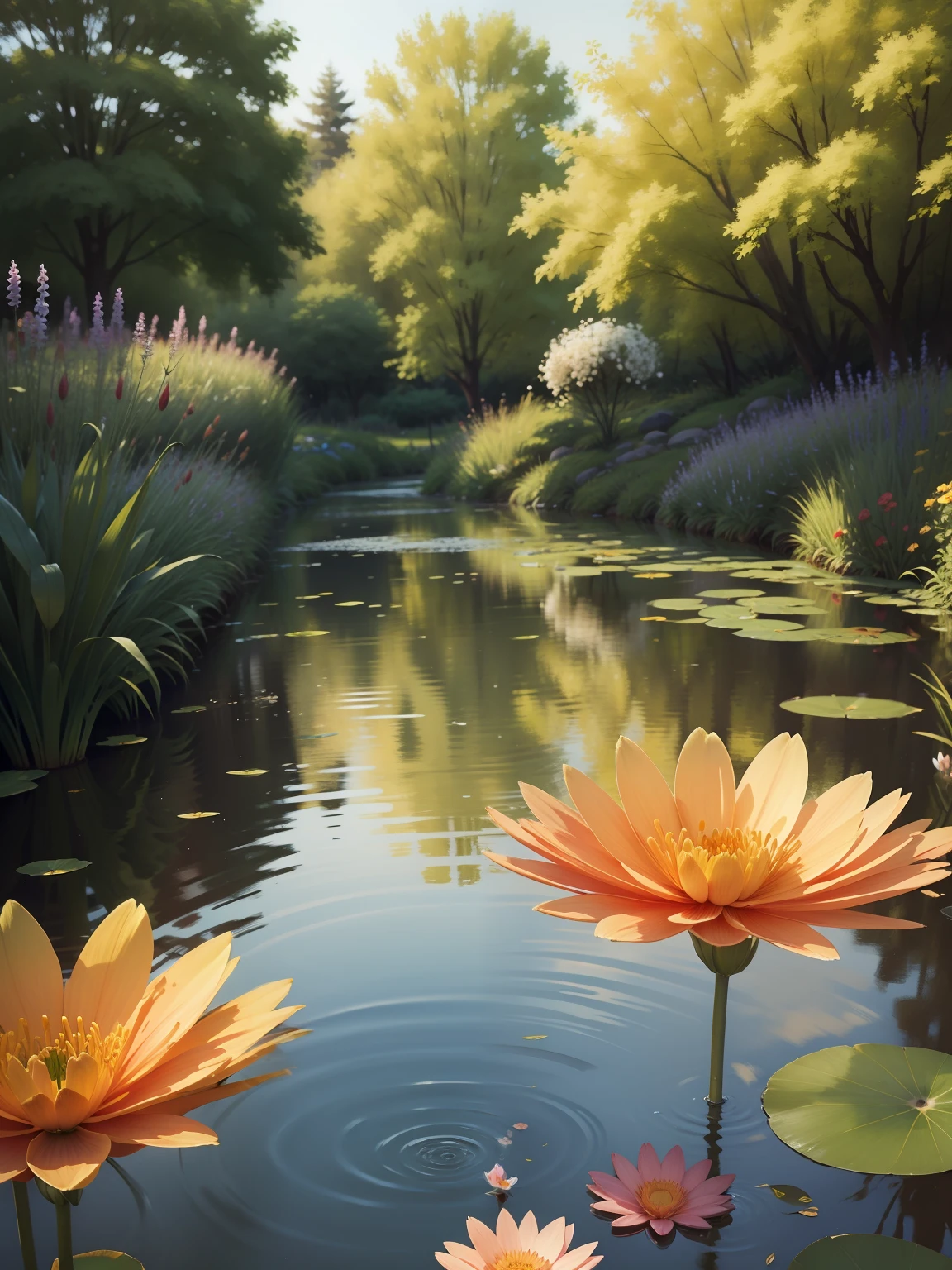 There are flowers around,ponds