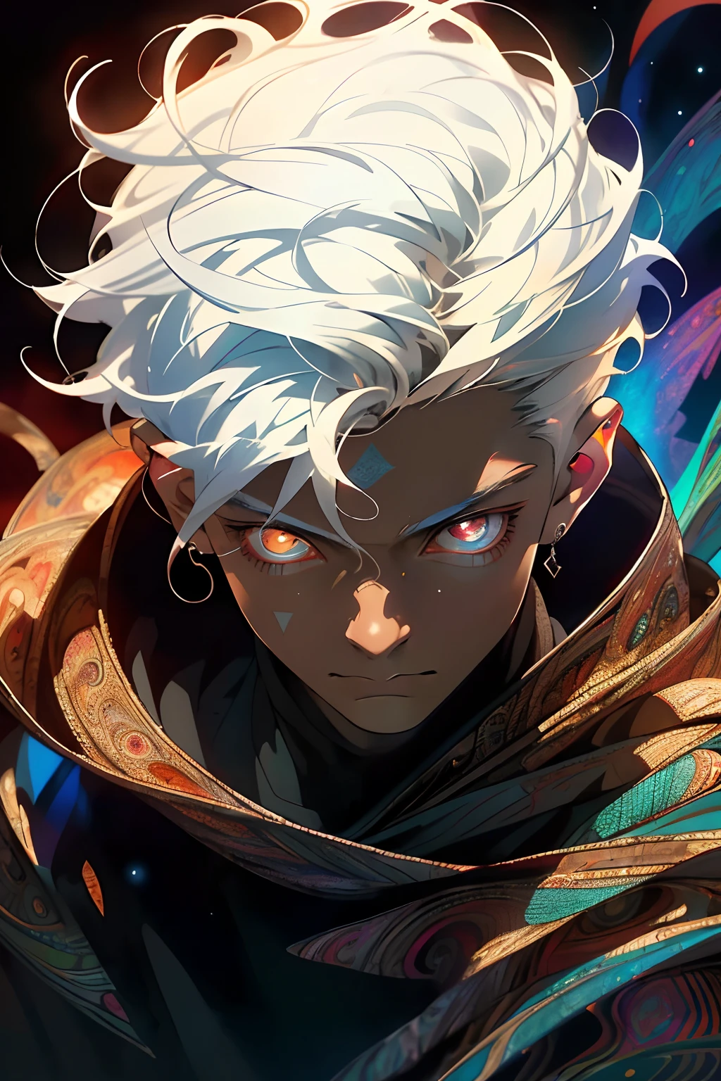 Realistic, (Masterpiece, Top Quality, Best Quality, Official Art, Beauty and Aesthetics: 1.2), Very Detailed, Fractal Art, Colorful, Most Detailed, Zentangle, (Abstract Background: 1.5) (1boy: 1.3), God, White Hair, Short Hair, (Glowing Red Eyes), Mysterious, (Magic), Ice, Handsome Man, Egyptian Style