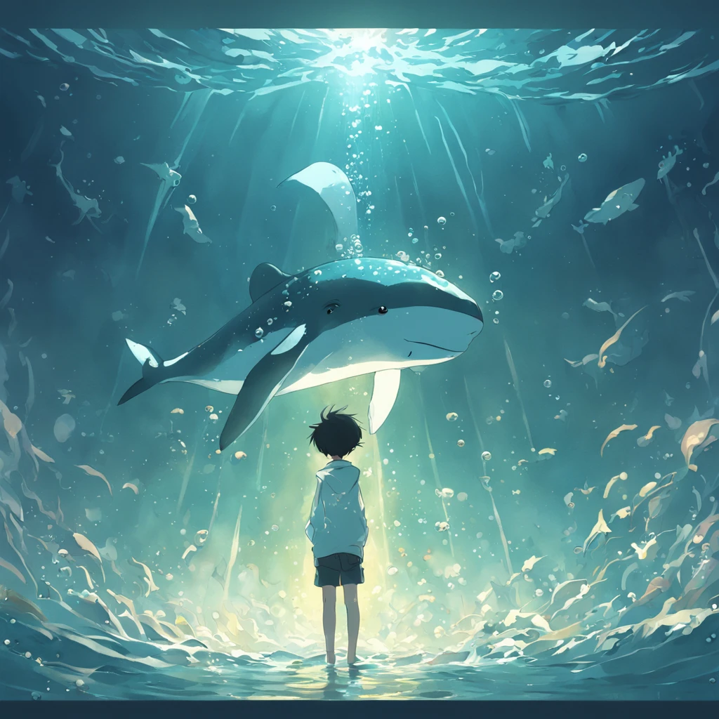 illustration：The boy in white swims with a whale on the bottom of the sea，The surrounding bubbles slowly rise，Sunlight shines obliquely into the water。