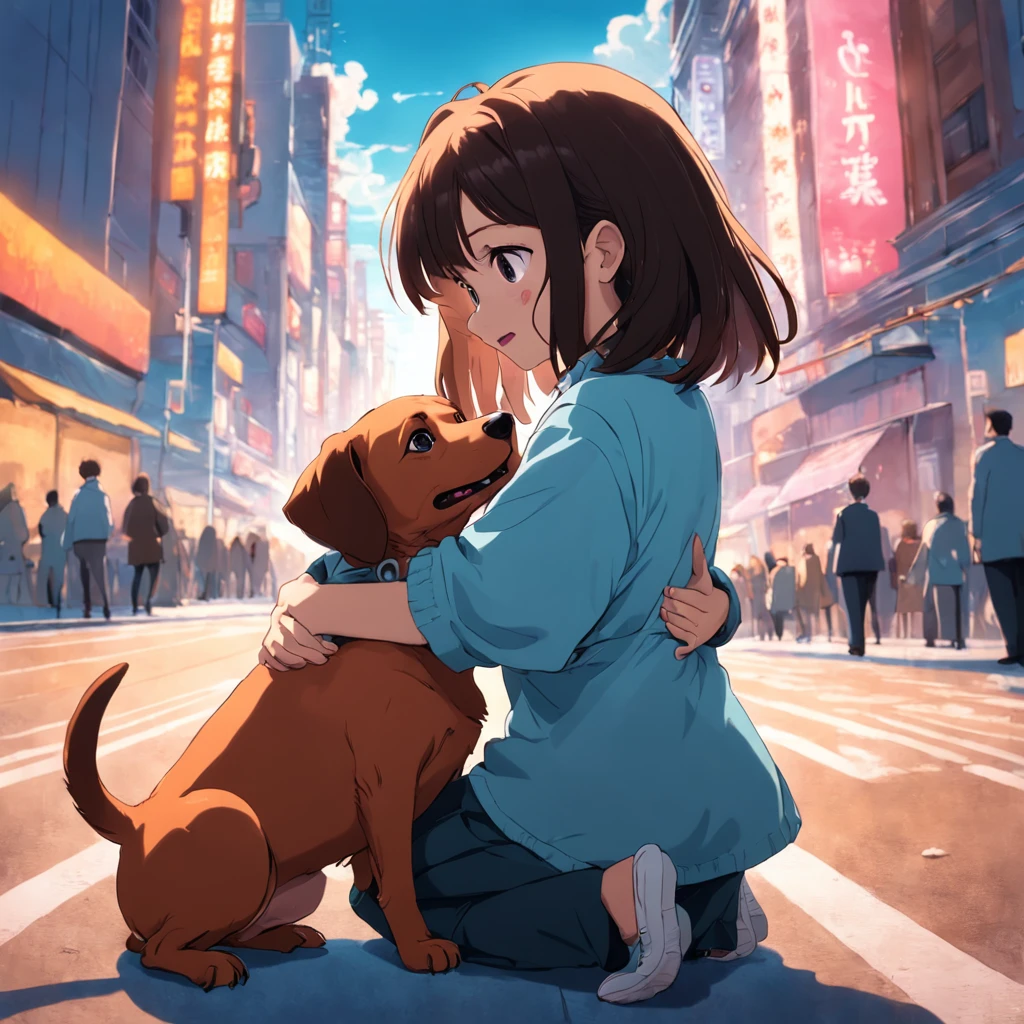 masterpiece, best quality, movie still, 1girl, hugging her dachshund dog very happy, beautiful vanilla sky background