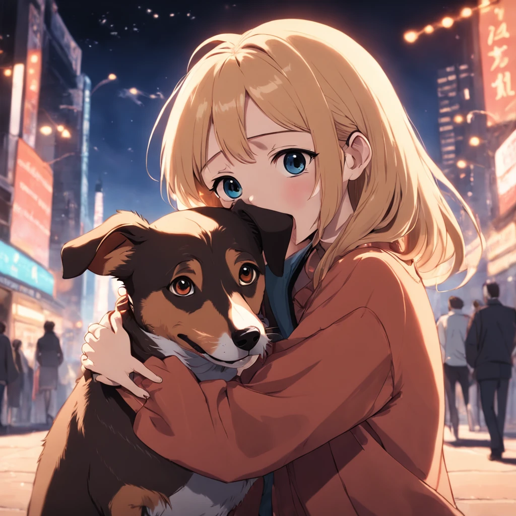 masterpiece, best quality, movie still, 1girl, hugging her dachshund dog very happy, beautiful vanilla sky background