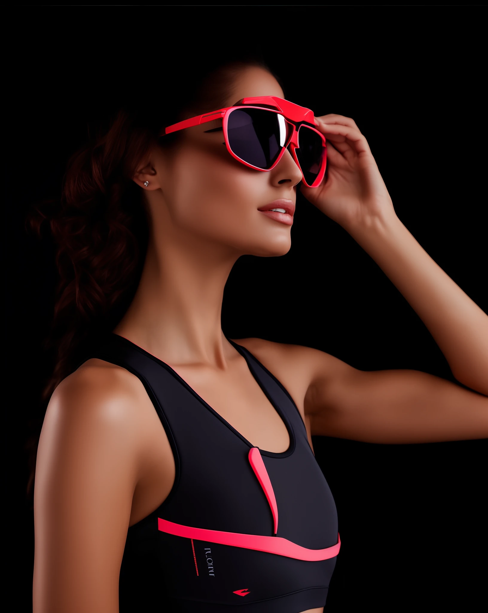 Beautiful woman Arafed in a sports bra top and sunglasses looking at something, sports glasses, lente refletiva vermelha, with neon visor, futuristic sunglasses, model is wearing techtical vest, woman with rose tinted glasses, with sun glasses, cyberpunk eye wear, roupas esportivas, roupas esportivas vermelhas, digital sunglasses, roupas esportivas, futuristic glasses lenses, red sunglasses