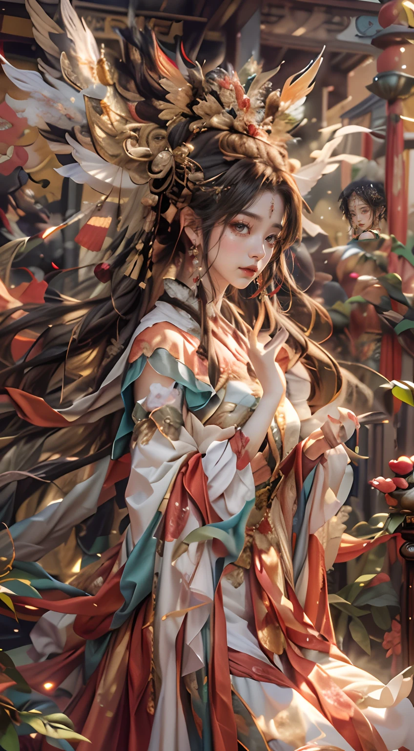 offcial art,Extremely detailed,oil painted,sputtering,1girll,The facial features are delicate and beautiful, non blurry,Red eyeshadow,light make-up,Gorgeous damask and silk accessories,Gorgeous feathers and headdresses,Chinese immortals,Female fairy,The sleeves flutter,The scarf flutters,Light smile,The girl is in the center of the frame,Full of fairy,The is very detailed,Ultra-high sharpness,超高分辨率,8K,Ray traching,lightand shade contrast,Deng Huang mural,realisticlying,。.。.3D,Full body photo,