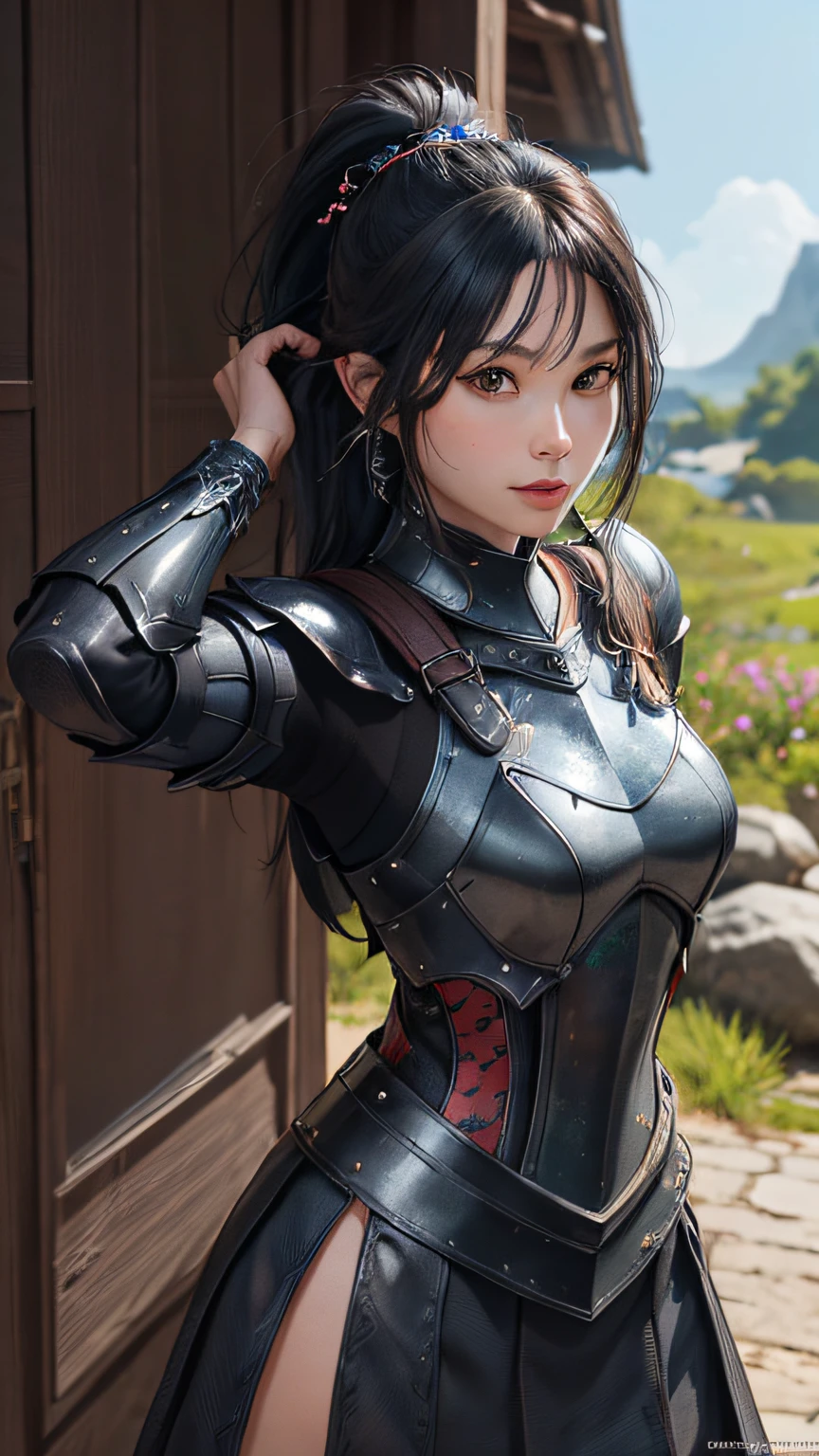(((Black Steel Armor)))、Poses in motion、Female goblin in black steel and backpack, Beautiful, ((facing front、pin-up)), squatting and opening legs、Halfling proportions, Perfect, clean line drawings、masterpiece, top-quality, hightquality, hight resolution、Raw foto、hyperdetailed photo、(natural skin textures、Detailed skin、Hyper-Realism、ultra sharpness)、ighly detailed、detailed skin textures、Black Steel Armor、Poses in motion、(poneyTail)、(Show thighs)、(beautiful countenance、Extraordinary beauty)、squatting and opening legs、