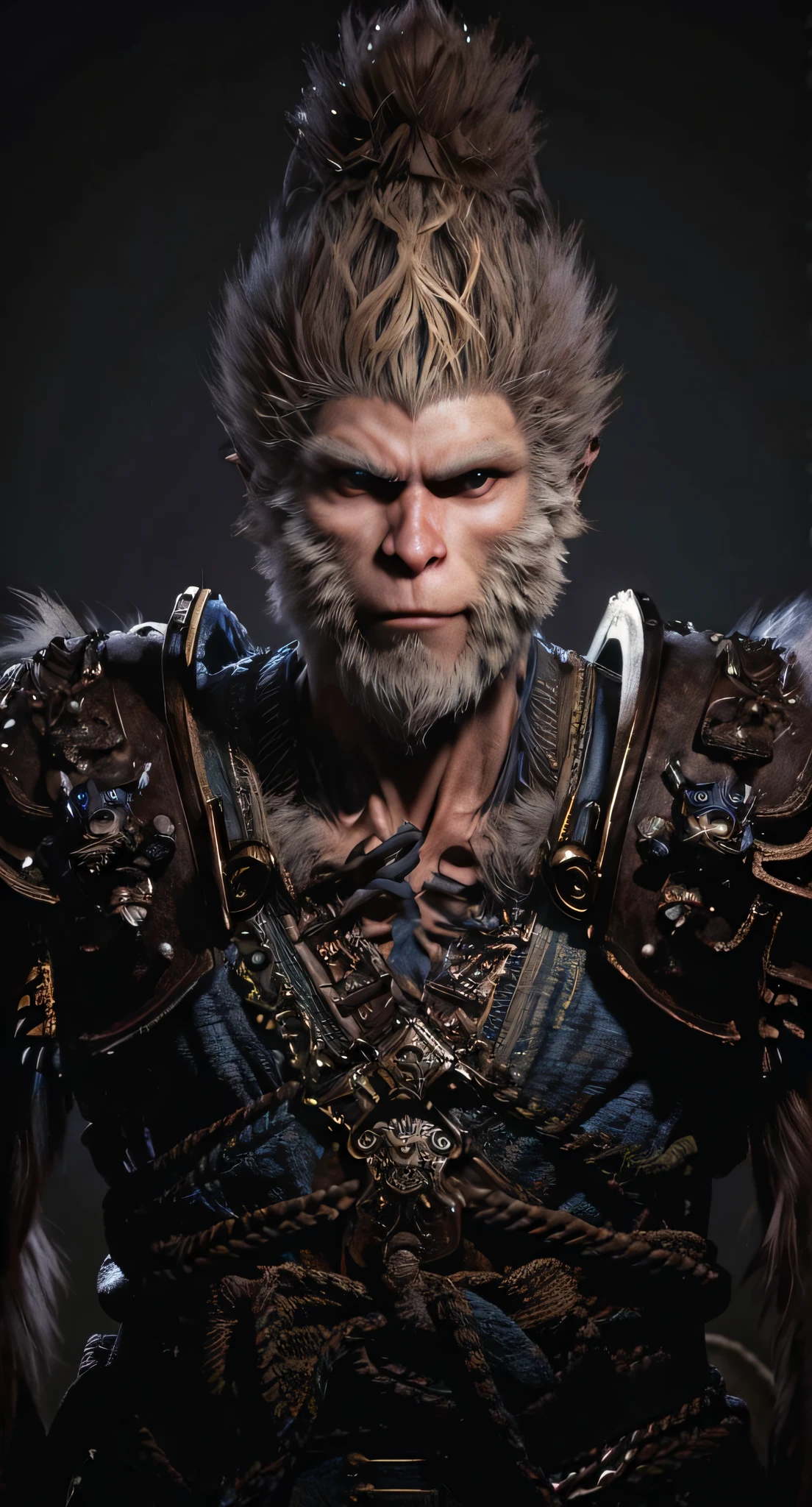 wukong \(black myth\),
1boy, solo, male focus, detailed eyes, shaded face,
fur chest, armor, blue clothes, pauldrons,
unreal engine, 8k, super detail,