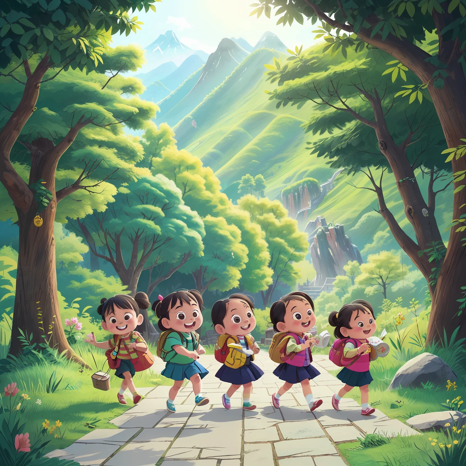 Chinese landscape，Six elementary school students were playing happily with their school bags、Learn。There is a big mountain in the distance called Hongyan Wonderland