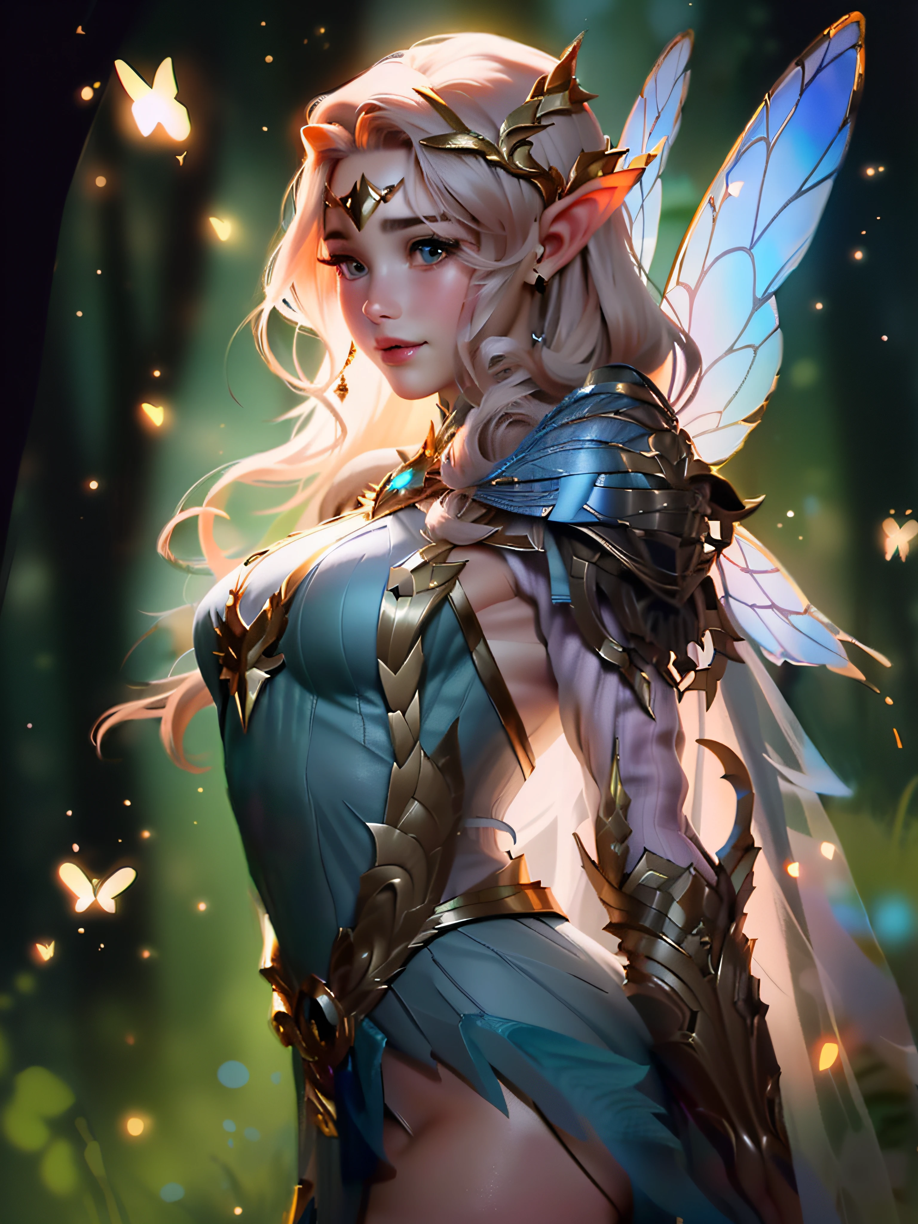 (best quality,4k,8k,highres,masterpiece:1.2),HDR,UHD,studio lighting,ultra-fine painting,sharp focus,physically-based rendering,extreme detail description,professional,vivid colors,bokeh,portraits
Thri-kreen Insect woman with four arms holding two swords covered in intricate carvings, surrounded by swarming bugs. The woman's eyes are large and compound, reflecting the flickering light. Her skin has an exoskeleton texture, with iridescent colors that shimmer under the soft glow. Her chitinous wings are stretched out, displaying unique patterns reminiscent of delicate stained glass. Her four arms are slender and graceful, each adorned with elaborate arm jewelry. In one hand, she delicately holds a silvered sword with intricate engravings of insects crawling up the blade, while the other hand grips a golden sword with ornate designs of flowers and vines.
The bugs encircling her are diverse and detailed. They vary in size and species, from tiny colorful beetles to large, intimidating mantises. Their wings beat rapidly, creating a mesmerizing display of movement. Some bugs hover around the woman's head, while others crawl on her shoulders and arms, adding a touch of dynamic energy to the scene.
The background is a lush forest filled with towering trees. The dappled sunlight filters through the leaves, casting a gentle glow on the woman and her surroundings. The colors of the forest are vibrant and saturated, creating a vivid and immersive atmosphere. The air is filled with a soft hum of buzzing wings and the occasional chirping of insects, further enhancing the immersive experience.
Overall, the artwork is a masterfully created portrait of an insectoid woman with four arms and two swords, surrounded by a swarm of detailed bugs. The high-quality rendering and realistic details bring the scene to life, capturing the beauty and mystery of this extraordinary creature.