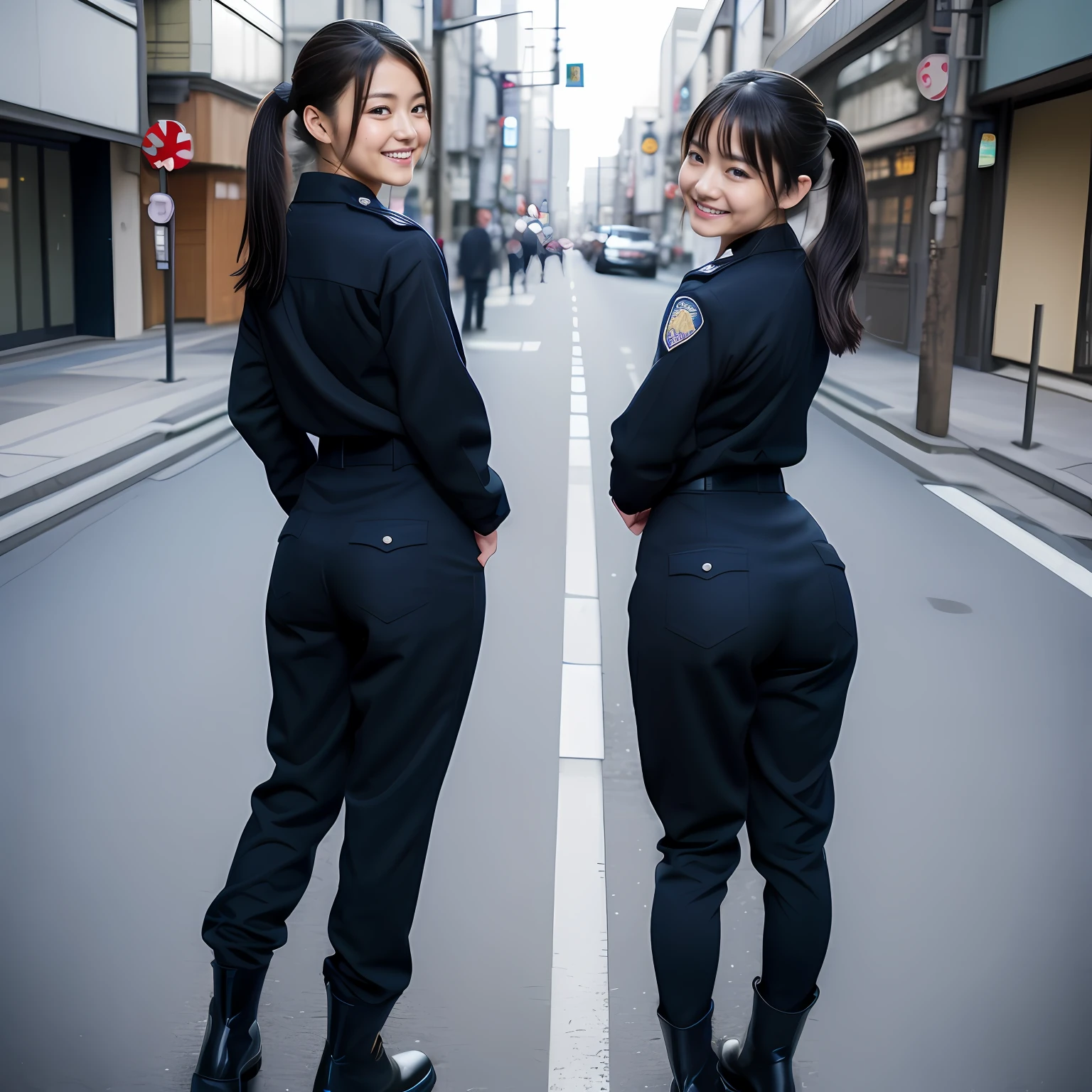 ((Japan beautiful girl))18year old、childish、Bob Hair、bob cuts、(Full body shot 1.5)、A dark-haired、8K、Super beautiful、​masterpiece、a beauty girl、(((Turnaround 1.8)))、(smile1.3)、posterior view、long boots、Wear long black boots、Background in the city、Intersection in the background、Background building、real looking skin、Beautiful skins、A mischievous smile、Super beauty、childish、Brown eyes、japanes、Turned、collateral、Constriction of the lower back、Tight buttocks、small ass、stick out buttocks、Turn your back to us、Wearing military uniforms、troop、Wearing a military uniform、Wearing a uniform、Black military uniform、Military Personnel、Holding a military sword in his left hand、Army uniform、baby-face