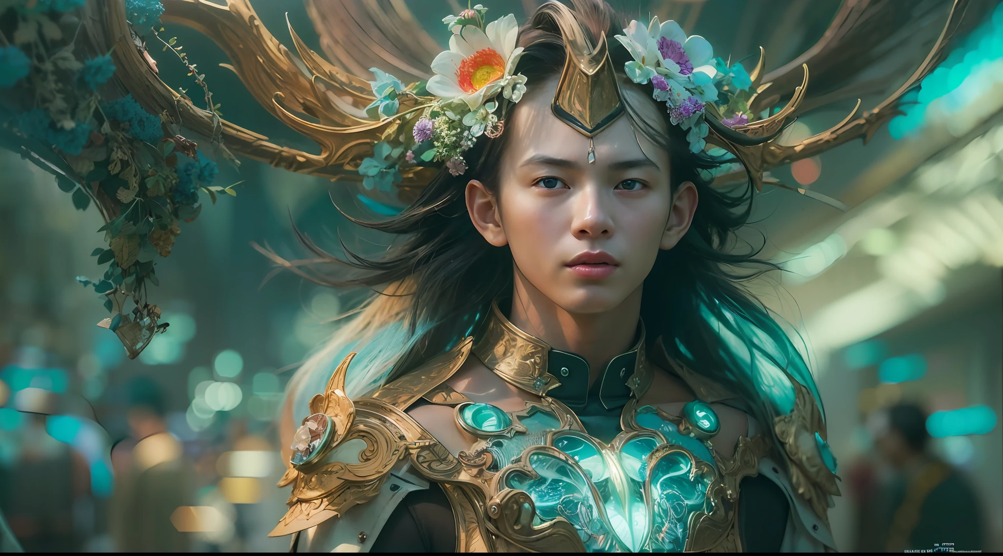 1boy, photo of very very handsome suave smiling young 25-year-old male Chinese prince, clothed in futuristic cybernetic armor, wearing a large futuristic crown, walking in an ethereal enchanted forest with neon glowing flowers and a rainbow in the sky, sci-fi, intricate, neon light, ((perfect face)), ((perfect hands)), ((perfect body)), ((correct anatomy)), ((ultra-realistic)), ((8k, UHD)), highly detailed, digital painting, artstation, concept art, human anatomy, soft light, smooth, illustration, art by tian zi and craig mullins and WLOP and alphonse mucha