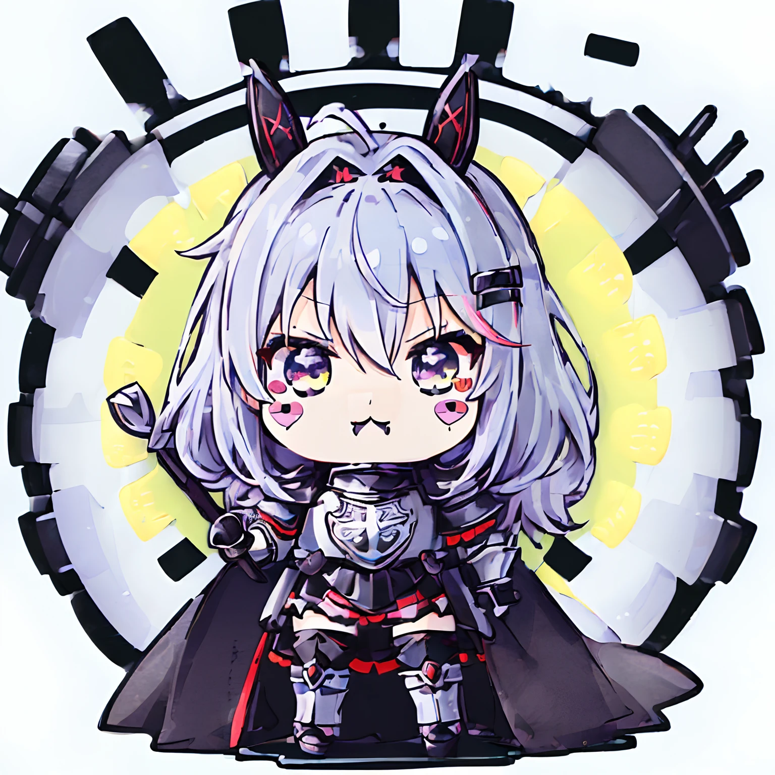 ((a sticker:1.5)))、((Chibi Chara))、(White background)、Fluffy、girl with、black knight、Black Knight Armor Costume、Berserker、holding axe、Black Knight Pose、Chibi Chara、full bodyesbian、Pastel colors hair、Fairy tale、Fantastical、rainbows、tshirt design、Masterpiece、top-quality、16k、ride on the horse