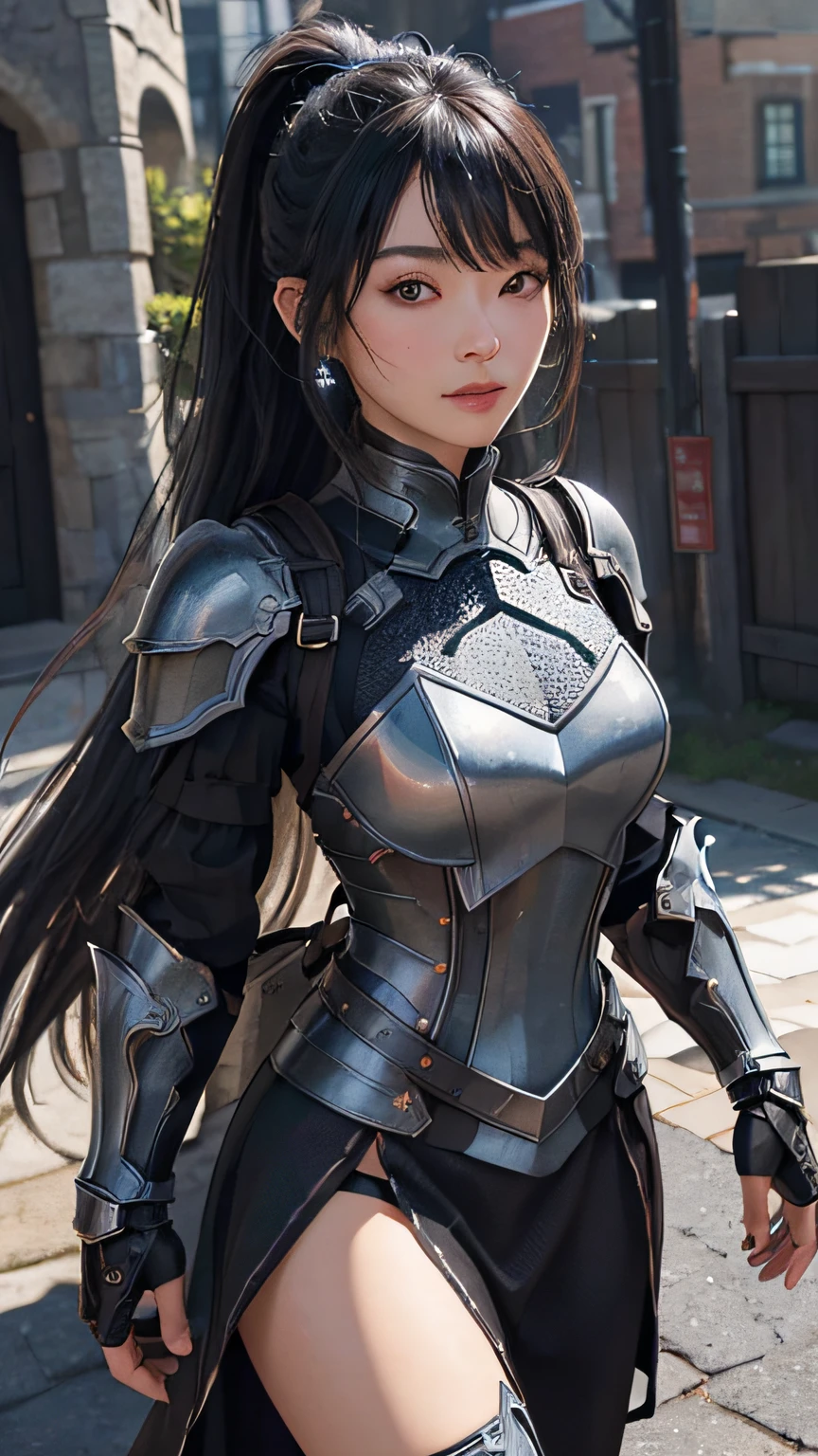 ((Black Steel Armor))、Poses in motion、Female goblin in leather armor and backpack in dungeon, Beautiful, facing front, Halfling proportions, Perfect, clean line drawings、(poneyTail)、masterpiece, top-quality, hightquality, hight resolution、Raw foto、hyperdetailed photo、(natural skin textures、Detailed skin、Hyper-Realism、ultra sharpness)、ighly detailed、detailed skin textures、Black Steel Armor、Poses in motion、(poneyTail)、((Dress your whole body in black))、(beautiful countenance、Extraordinary beauty)、