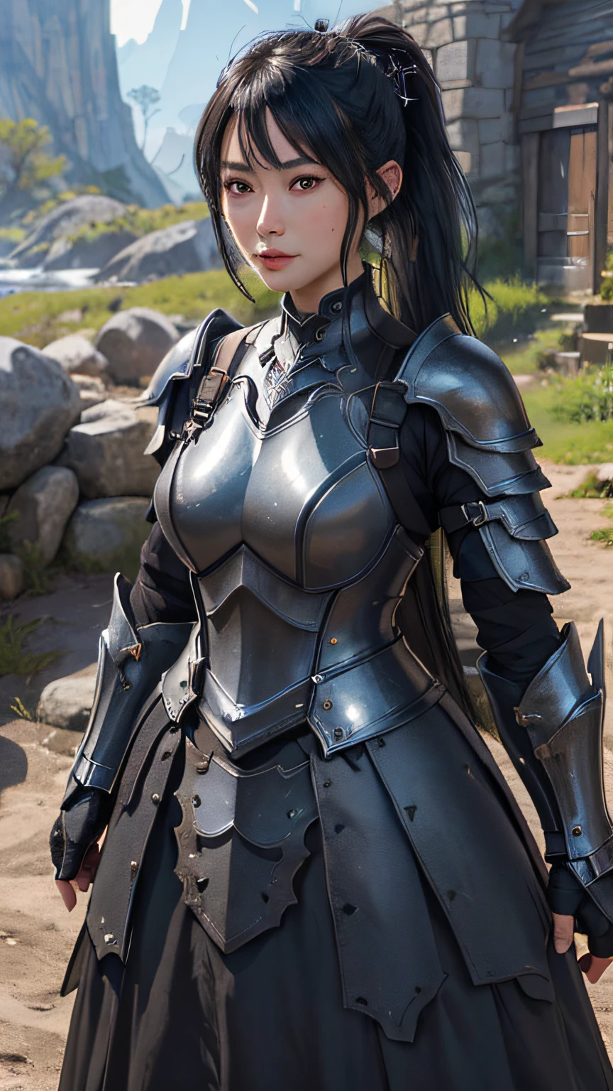 ((Black Steel Armor))、Poses in motion、Female goblin in leather armor and backpack in dungeon, Beautiful, facing front, Halfling proportions, Perfect, clean line drawings、(poneyTail)、​masterpiece, top-quality, hightquality, hight resolution、Raw foto、hyperdetailed photo、(natural skin textures、Detailed skin、Hyper-Realism、ultra sharpness)、ighly detailed、detailed skin textures、Black Steel Armor、Poses in motion、(poneyTail)、((Dress your whole body in black))、(beautiful countenance、Extraordinary beauty)、