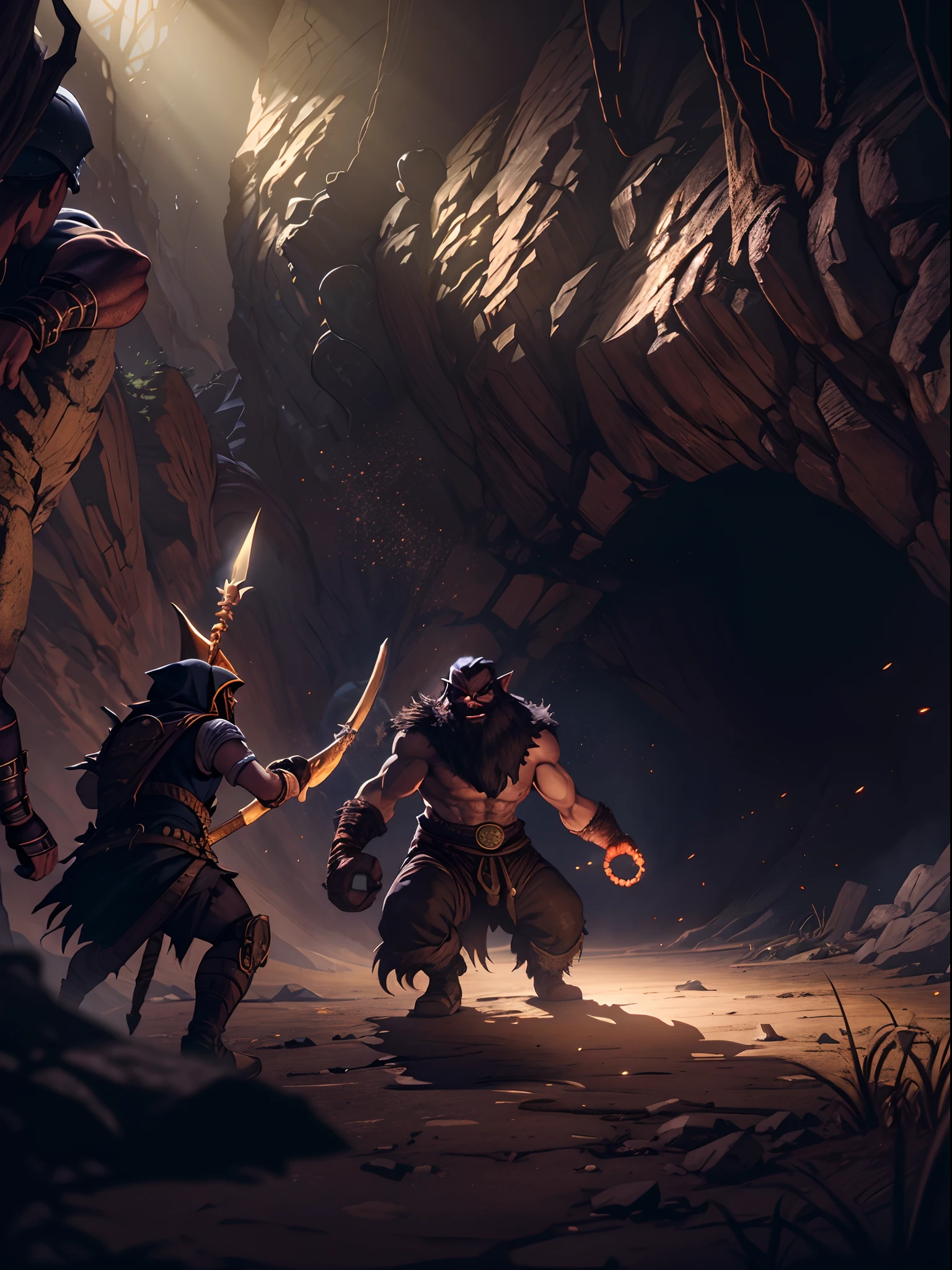 a group of adventurers fighting an evil troll in front of a dark cave mouth, beautiful shadow and lighting, masterpiece, absurdes, 4k