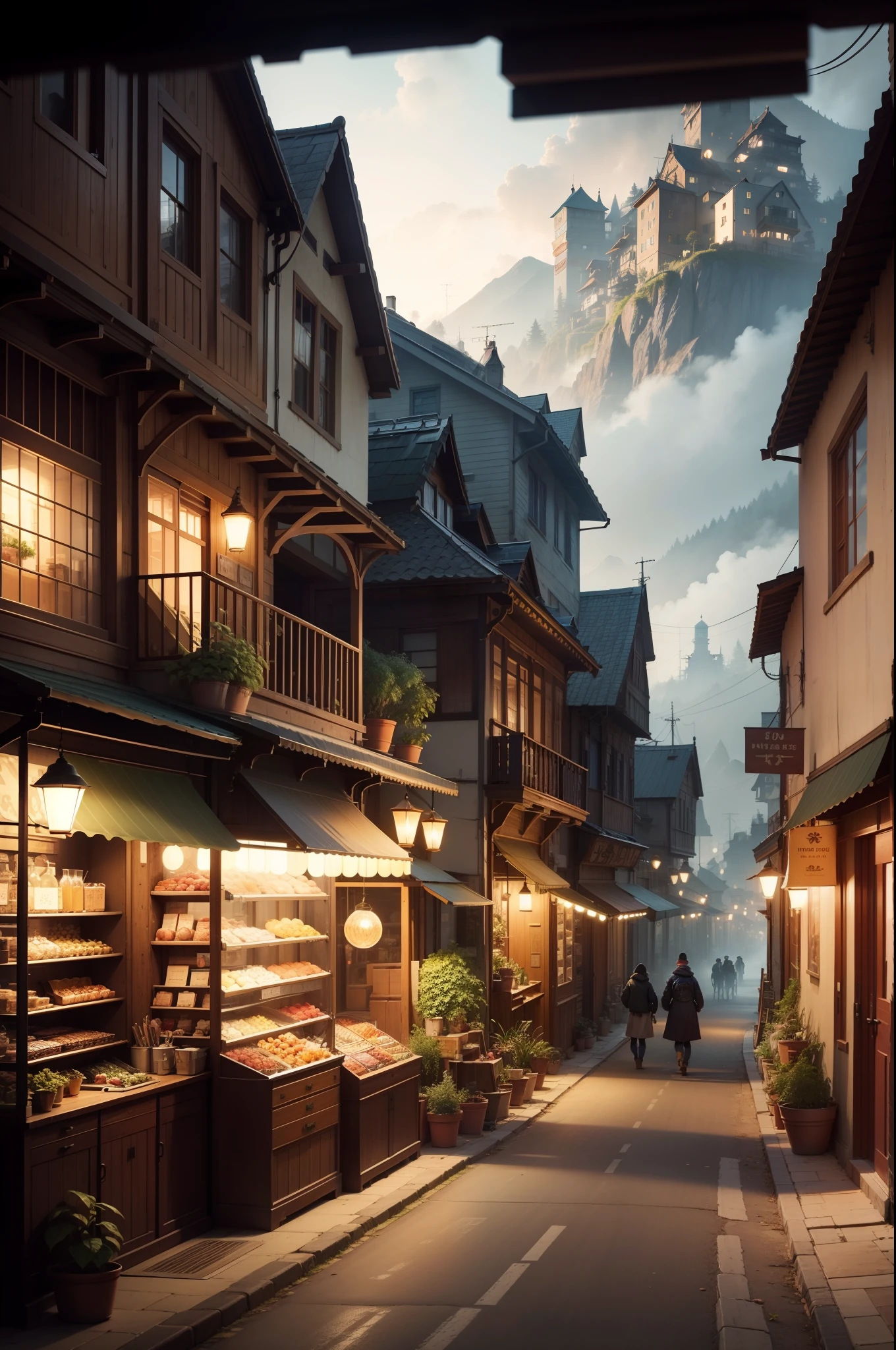 The streets of the mountain town，The building is very dense，There is a bit of steampunk feel，There are lush plants in the middle of the building，Along the road are a variety of shops and market stalls，The people in the house live happily，The whole picture is full of human fireworks，Very cosy