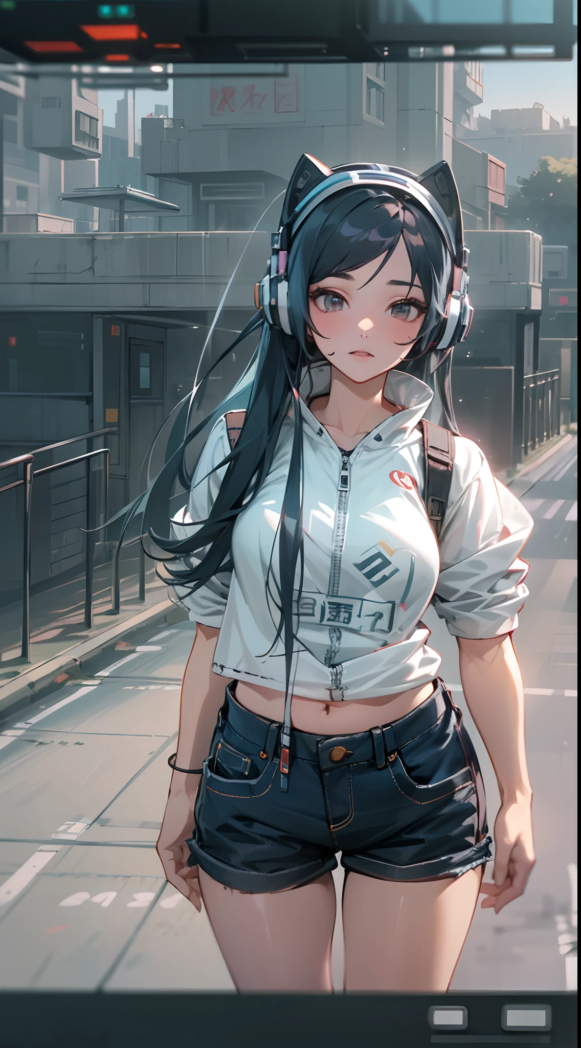 （（best qualtiy））， （（tmasterpiece））， （A detailed：1.4），（（full bodyesbian）），Enhanced dynamic perspective，Beautiful sexy esports girl，夏天，vests，denim short，athletic sneakers，with headphones on，Hold the keyboard，Come to me，Future sci-fi city street，Street photography，Bright colors，dream magical，optic，high qulity，super-fine，Detailed pubic hair，Accurate，Cinematic lighting，OC renderer