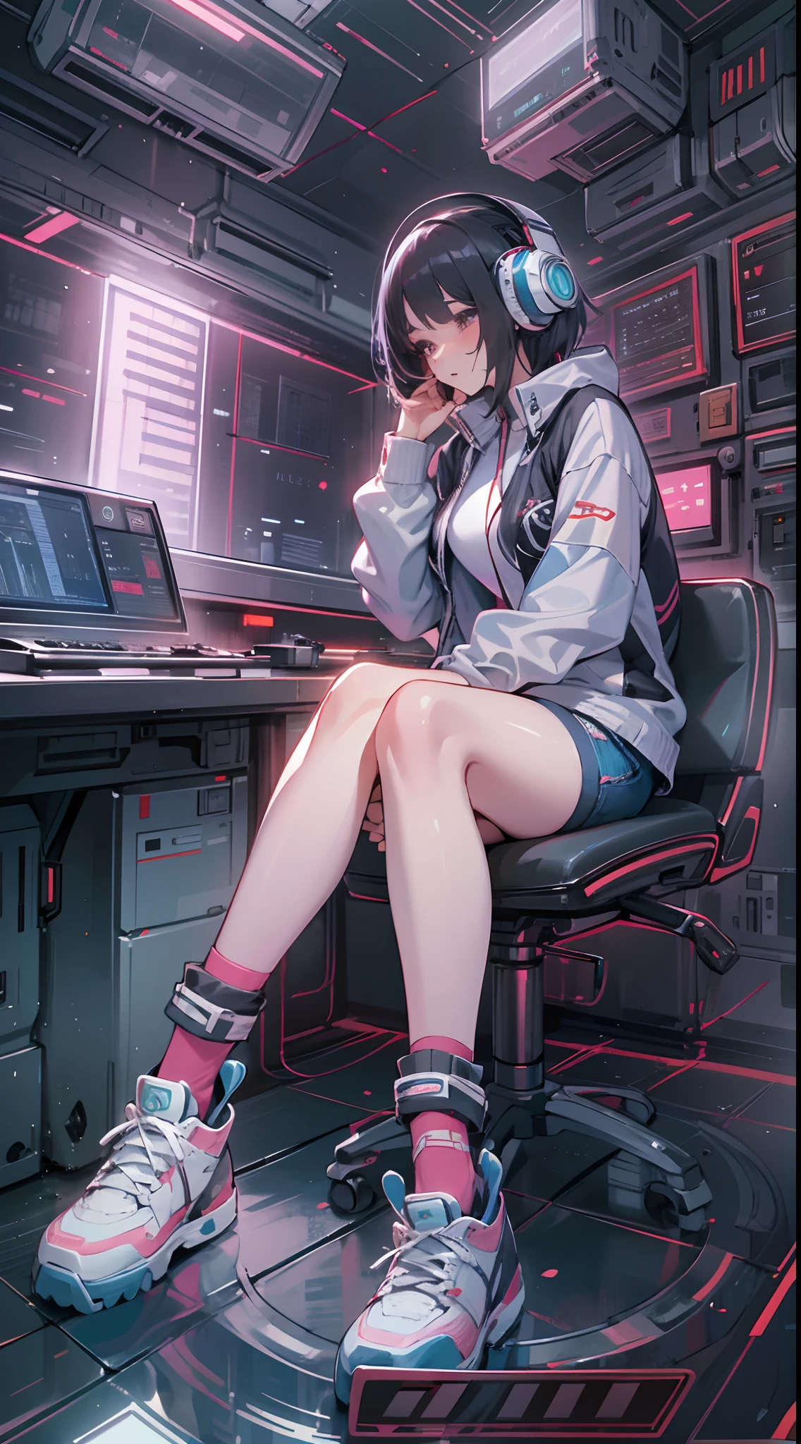 （（best qualtiy））， （（tmasterpiece））， （A detailed：1.4），（（full bodyesbian）），Enhanced dynamic perspective，Beautiful sexy esports girl，夏天，vests，denim short，athletic sneakers，with headphones on，Hold the keyboard，Come to me，Future sci-fi city street，Street photography，Bright colors，dream magical，optic，high qulity，super-fine，Detailed pubic hair，Accurate，Cinematic lighting，OC renderer