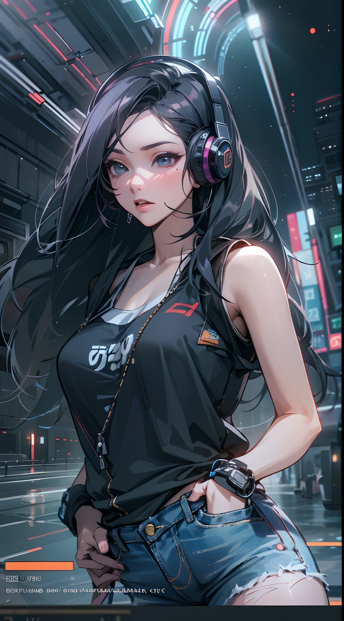 （（best qualtiy））， （（tmasterpiece））， （A detailed：1.4），（（full bodyesbian）），Enhanced dynamic perspective，Beautiful sexy esports girl，夏天，vests，denim short，athletic sneakers，with headphones on，Hold the keyboard，Come to me，Future sci-fi city street，Street photography，Bright colors，dream magical，optic，high qulity，super-fine，Detailed pubic hair，Accurate，Cinematic lighting，OC renderer