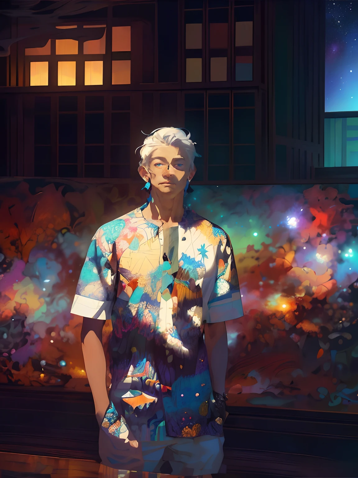 Realistic, (Masterpiece, Top Quality, Best Quality, Official Art, Beauty and Aesthetics: 1.2), Very Detailed, Fractal Art, Colorful, Most Detailed, Zentangle, (Abstract Background: 1.5) (1boy: 1.3), God, White Hair, Short Hair, (Glowing Blue Eyes), Mysterious, Starry Sky, Handsome Man, (((Lycoris radiata)))