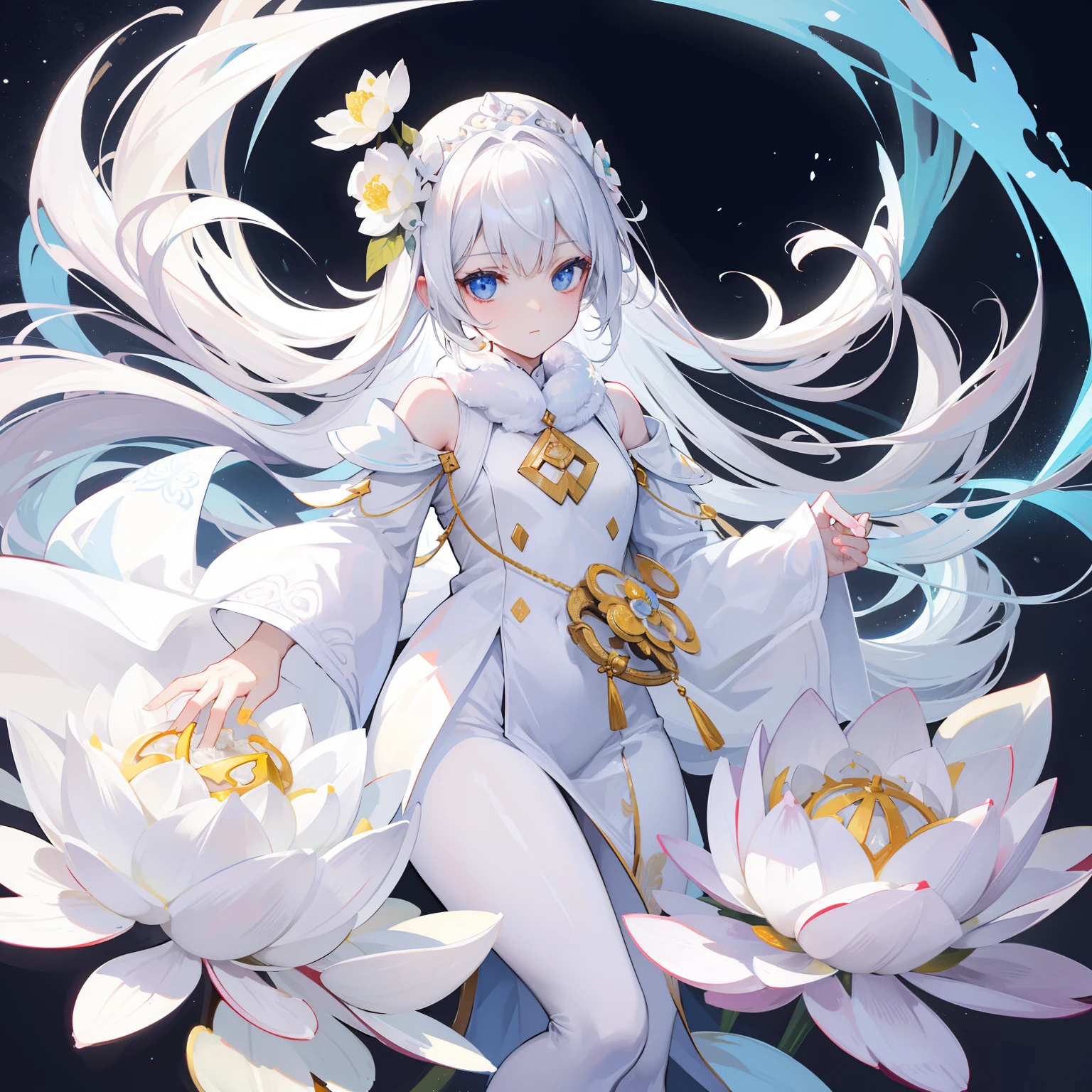 Space background, full body figure, lotus flower, little girl, miko, expressionless, white hair, twintails, small breasts, ominous armor, bikini, gauntlets, lotus position