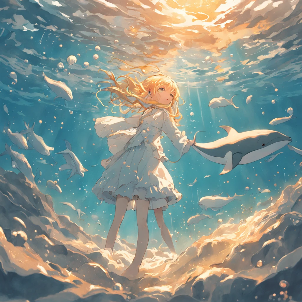 illustration：rs immersed in the bottom of the sea swim with whales dressed in white，There are bubbles slowly rising around，The sun enters the water obliquely。