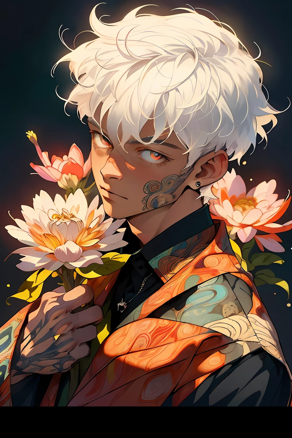 Realistic, (Masterpiece, Top Quality, Best Quality, Official Art, Beauty and Aesthetics: 1.2), Very Detailed, Fractal Art, Colorful, Most Detailed, Zentangle, (Abstract Background: 1.5) (1boy: 1.3), God, White Hair, Short Hair, (Glowing Red Eyes), Mysterious, (Magic), Ice, Handsome Man, ((Other Shore Flower, Garlic)), Yellow Spring, Hell
