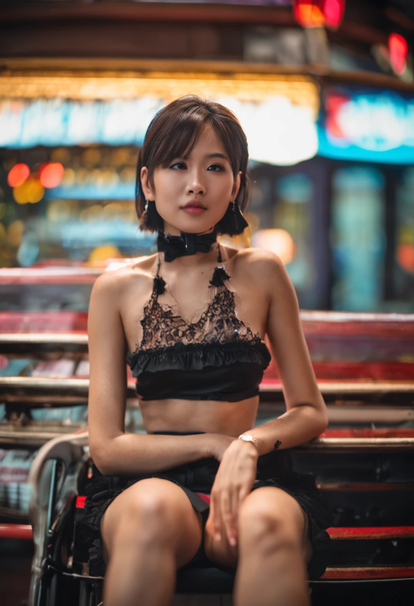 a stunning East Asian girl seated in a stylish mini skirt and topless