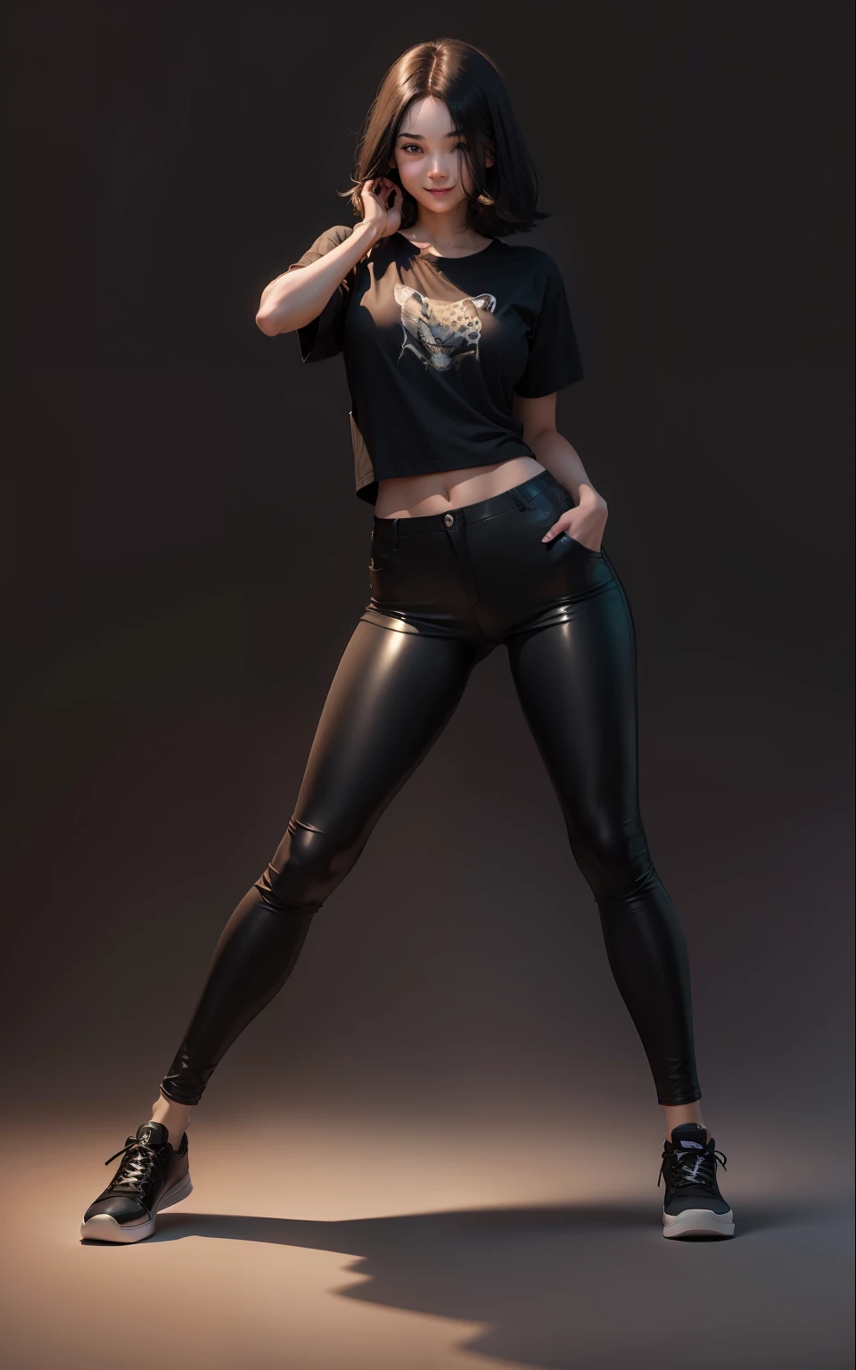 masterpiece、top-quality、1girl in、age19, a black T-shirt, Jaguar Pants, Bob Hair, (((simple background:1.3))), Smile,