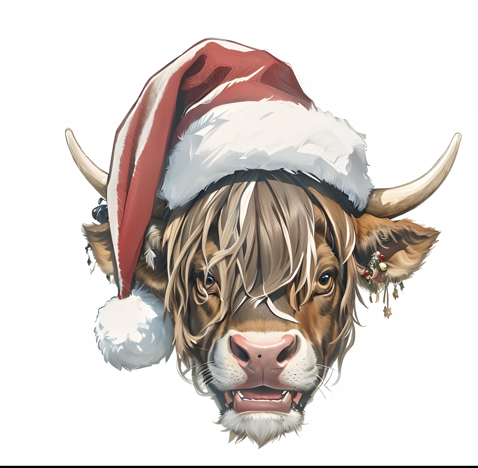 Close-up of a cow wearing a Santa hat, face of an ox, cow head, 💋 💄 👠 👗, a cow, taur, Reddens Nose, Holiday, The Great Wizard in a Hat, twas brillig, cow, !8K!, oh oh oh,ys, Supergianthugebreasts, wearing festive clothing, Awesome, santa, drawn with photoshop, insane