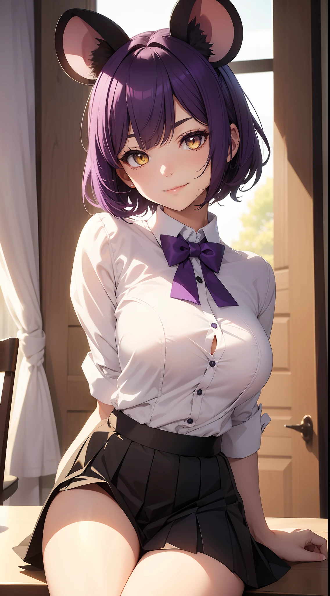 young girl, short purple hair, Yellow eyes, Mouse ears, tight white shirt with bow tie, tight black skirt, open breasts, Languid look, Lustful smile, Masterpiece, hiquality
