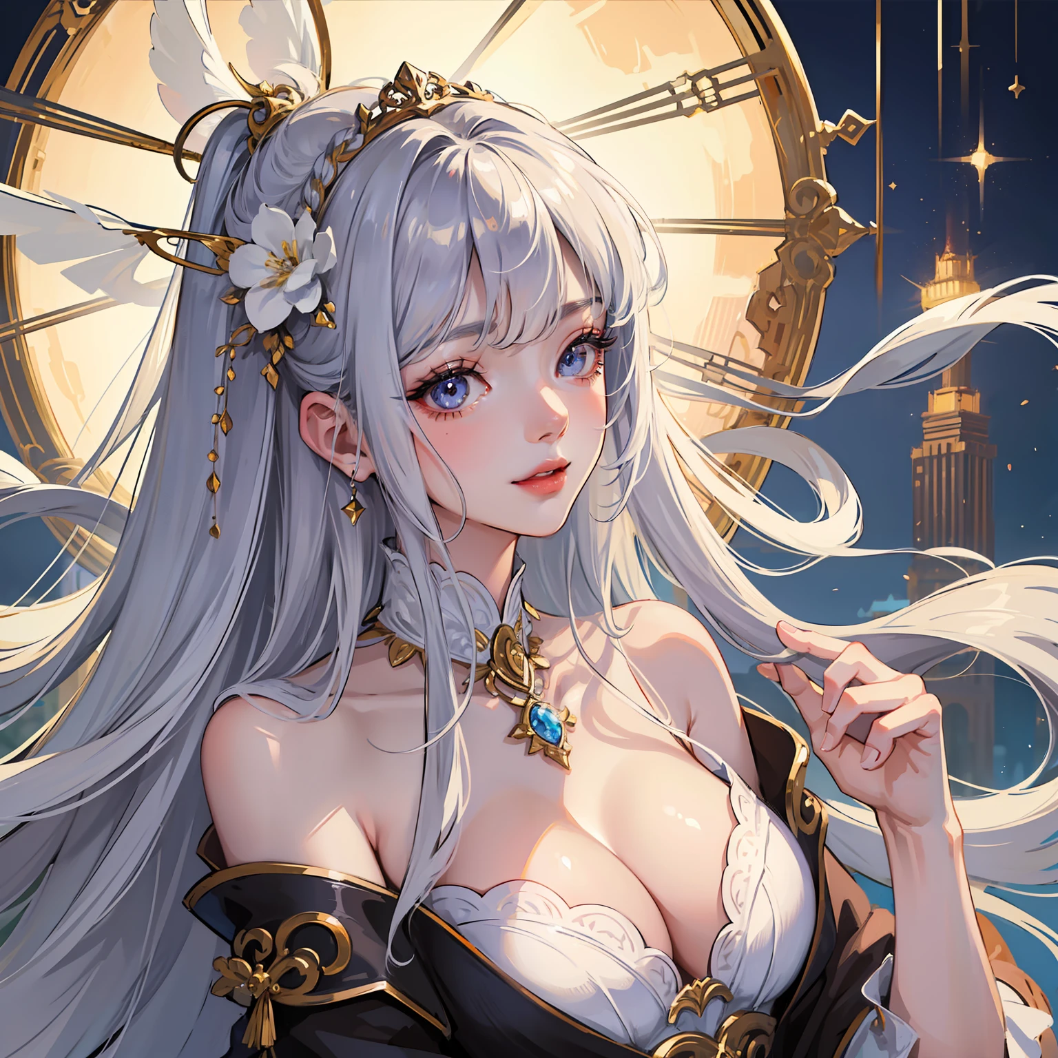 masutepiece, High resolution, 8K, anime woman, Delicate and detailed writing 、Detailed digital illustration、Aristocratic clothing、Very long hair and shiny、a very beautiful woman、Eyes are double, Big and cute,、Bust is D cup、High image quality, High quality、Detailed background、I'm wearing a hair ornament.、Glittering background、The inside of the eye shines like a diamond、4 fingers, 1 thumb、Detailed female face、Smile、Very beautiful and cute woman、Silver Hair、Very luxurious hair jewelry、Refers to parasols、A smile、beautiful cityscape background、Photograph up to the waist