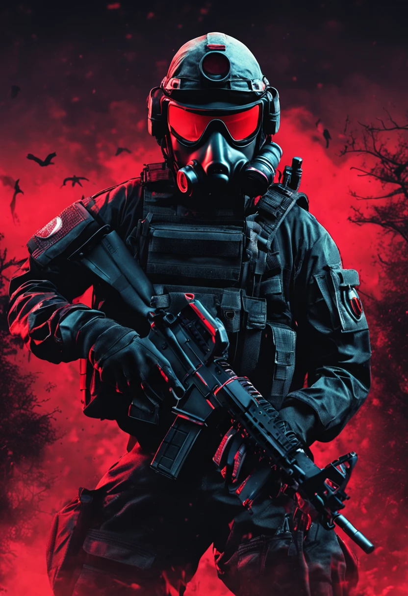 portrait of spec ops soldier scp complex, dark background, black uniform, gas mask, tactical equipment, red moon in the background, red moon, red moon behind the character,