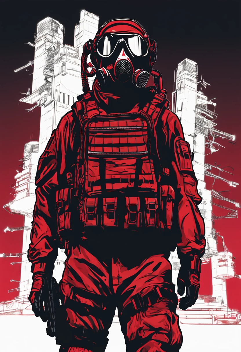 portrait of spec ops soldier scp complex, dark background, black uniform, gas mask, tactical equipment, red moon in the background, red moon, red moon behind the character,