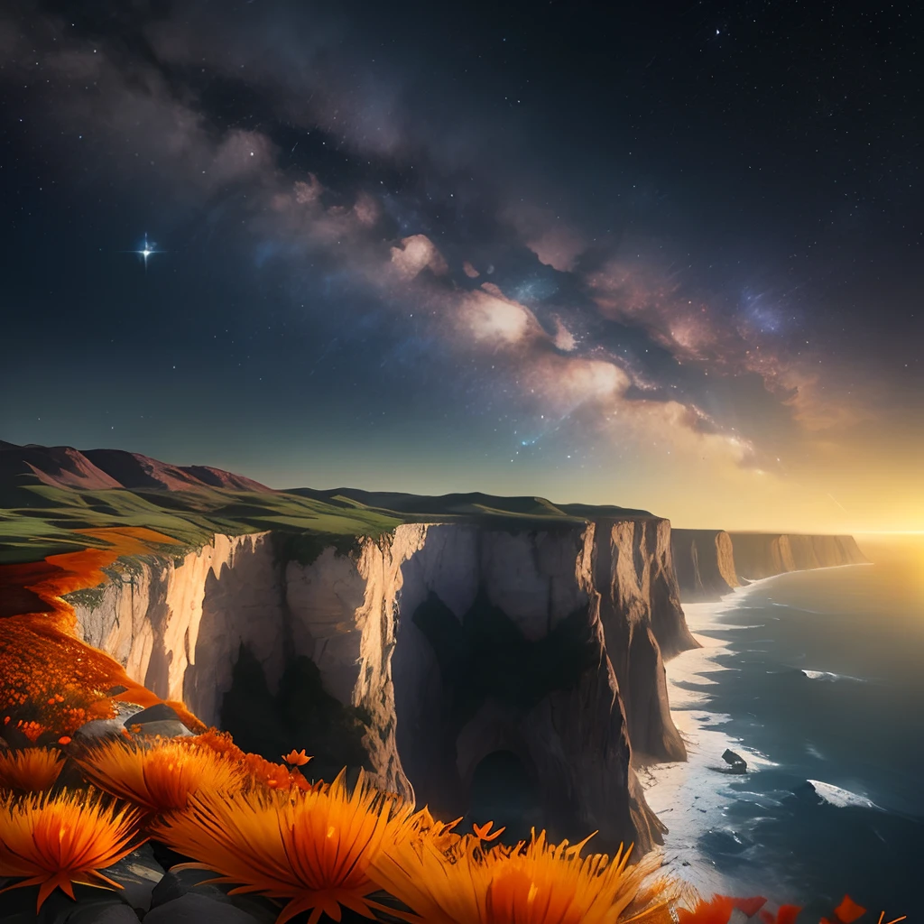 starrysky,Cliff side,Sea of safflower,meteors