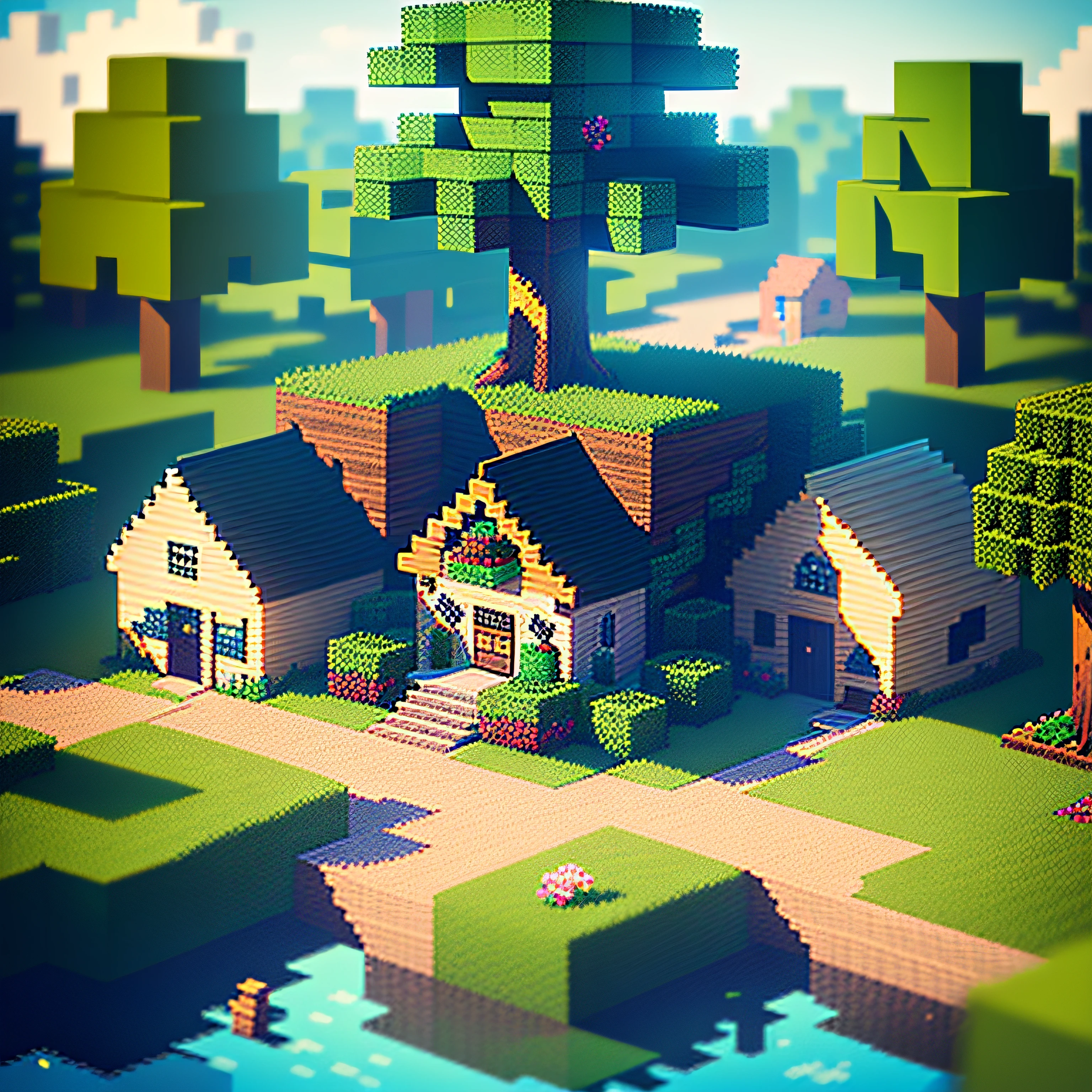 Masterpiece, best quality, high quality, extremely detailed CG unity 8k wallpaper, pixelart minecraft-inspired village, cute, pixel, multiple houses, tree in the middle of village, gigantic tree