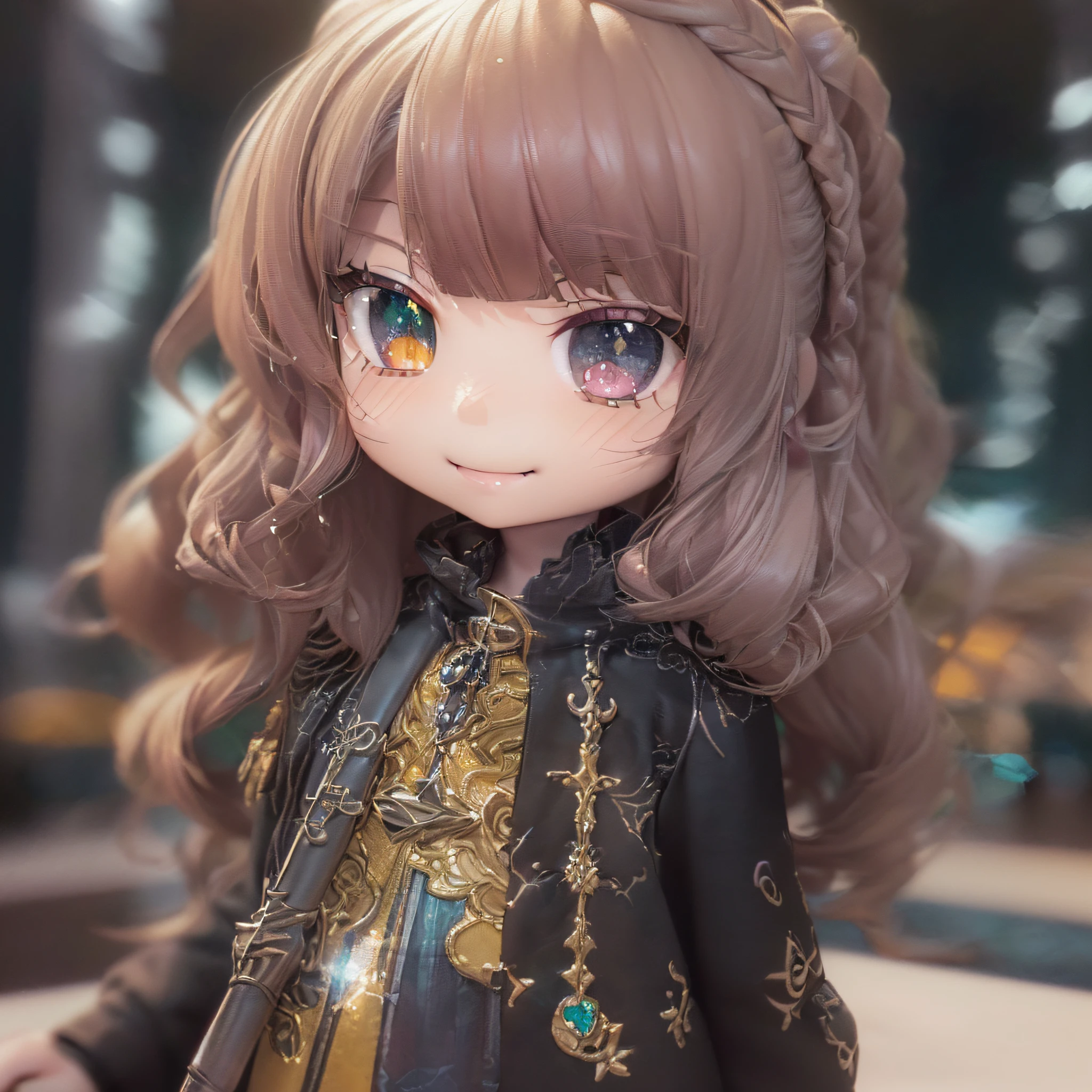 (Chibi:1.5)((masutepiece, of the highest quality, Watercolor art (Pendants), Beautiful and aesthetic: 1.2)), (Golden ratio: 1.2), (Full body: 1.2), (Super Detail: 1.3), (1 persons:1.5)、(1 girl: 1.3), (Fractal Art: 1.3), (Glitter Pupil)),(Brown hair: 1.2)), (Heterochromia), (Colorful: 1.5), (((Shy face)), (full body Esbian), (Hyper-detailing), ((delicate detail)), (intricate-detail), ((Cinematic Light, Highest quality backlight)), High contrast, ((The best lighting, Very delicate and beautiful)), (( Cinematic Light)), (ray trace reflection, Glow), (((glowing aura)), ((Glowing hair)), ((Super Detail)), (8K)), ((a closeup)), ((Seductive smile)) ,((FULL BODYSHOT))、(Chibi:1.5)、(3D Rendering:1.5, Plastic Texture:1.5, Chibi deformation:1.5, Full body, Front view:1.5),(Cane in hand:1.5、Black Wizard Robe:1.5,Braids:1.5)