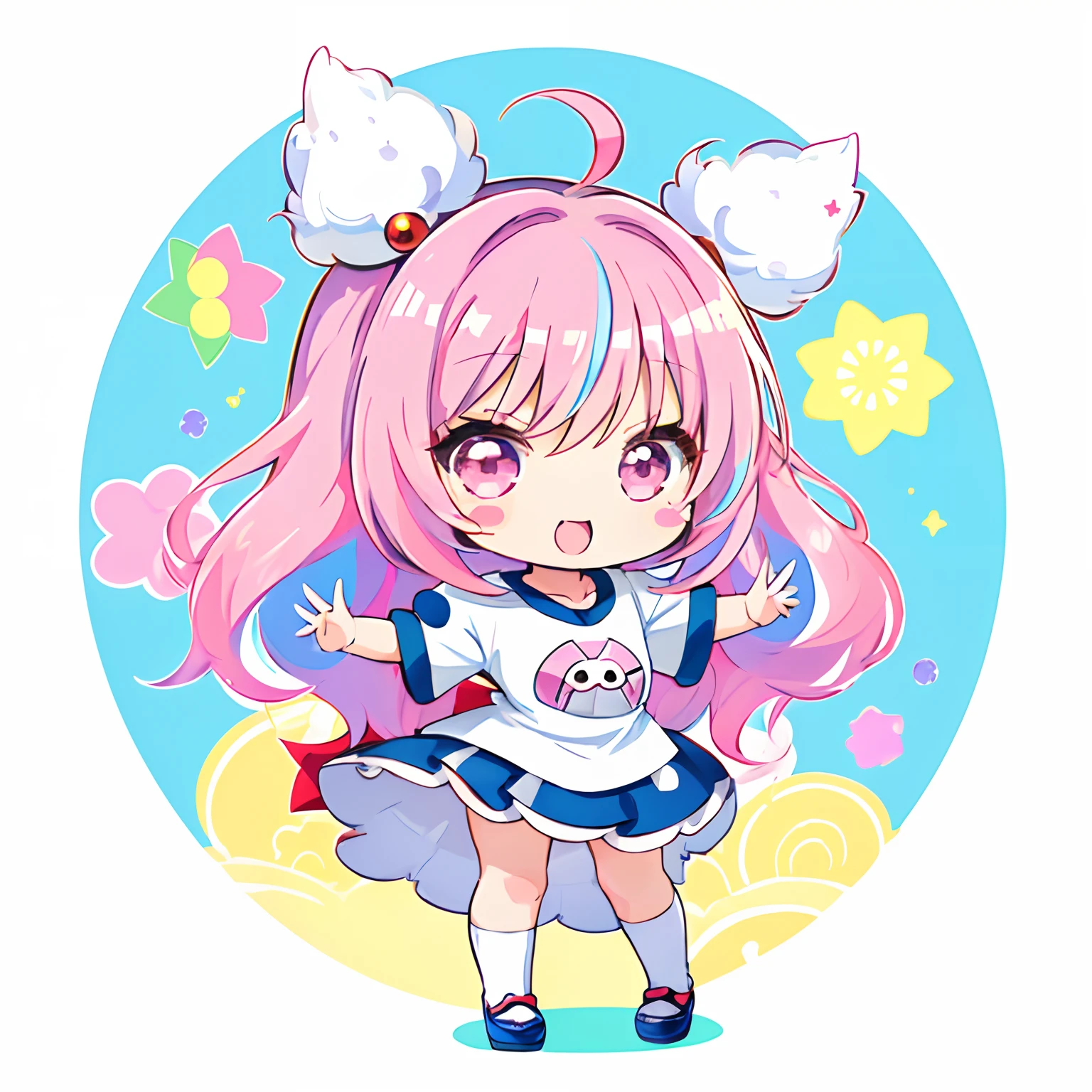 ((Sticker: 1.5))), ((Chibi character)), (white background), Fluffy, Girl, High School, Pokémon Nanjamo costume, Minanjamo, Nanjamo pose, Chibi character, Full body, pastel colored hair, fairytale, fantastic, rainbow, t-shirt design, masterpiece, highest quality, 16k