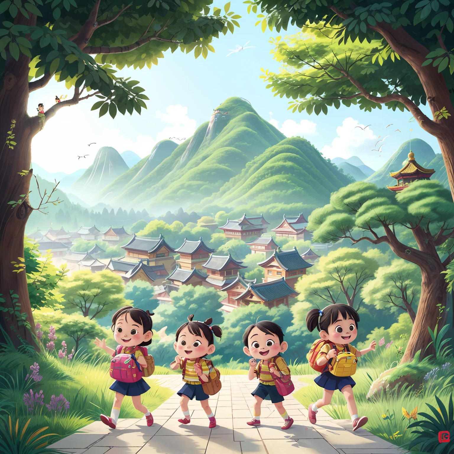 Chinese landscape,Six elementary school students were playing happily with their school bags、Learn。Study tours,