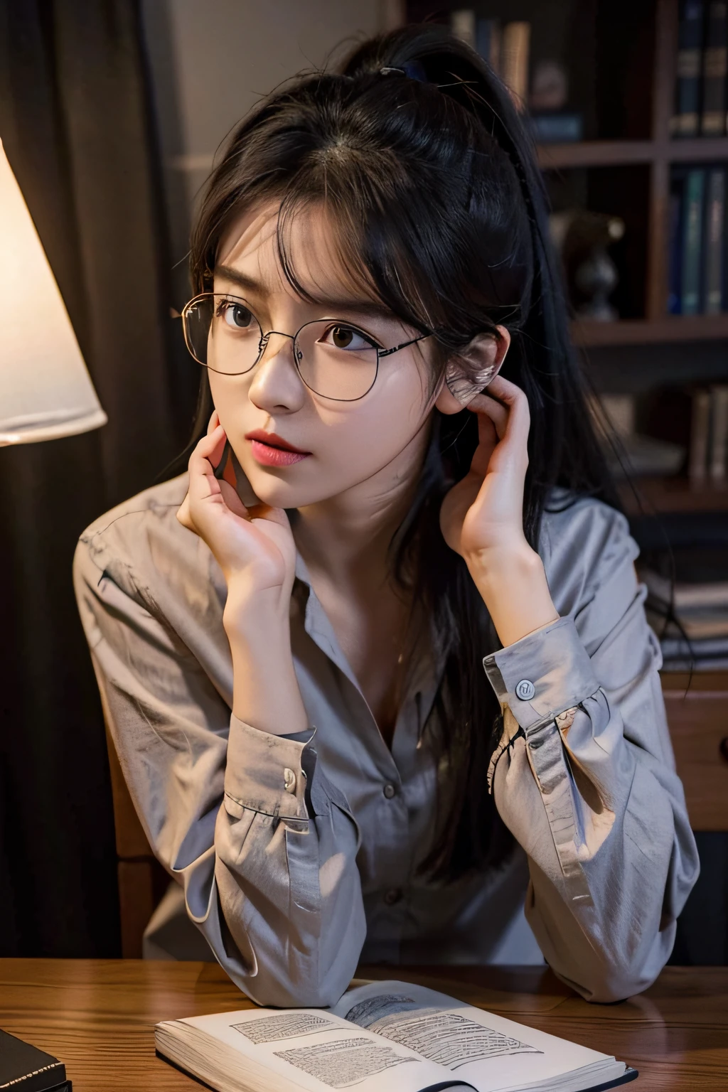 a 20 yo woman、A dark-haired、poneyTail、Black Frame Glasses、Thinking Face、(Open button shirt、wears a suit)、sitted、study、rest、Lying on the table、holding pencil、Open Books、Boken、milk、Table lamps、break、livingroom、wall decor、Mini Library、Glass window、Wall clock、break、Movie Light、Photorealsitic、​masterpiece、top-quality、 Complex CG、High-definition face、High Precision Eyes、