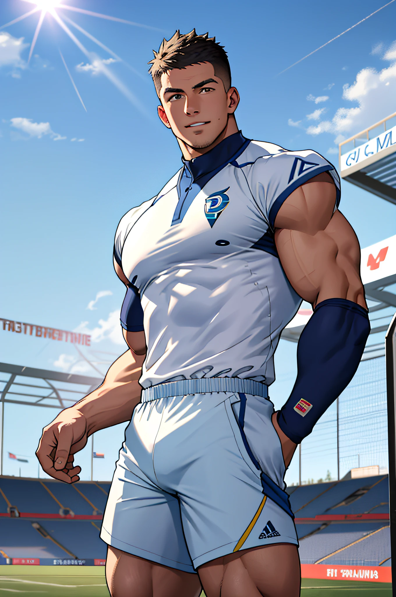 Draw a full-fledged athlete,Stand on the central field of the gym,He wears high-end sportswear,The man looks confident and determined,rays of sunshine,cheerful big breasts,Handsome,Crew cut,full bodyesbian,shooting from below,