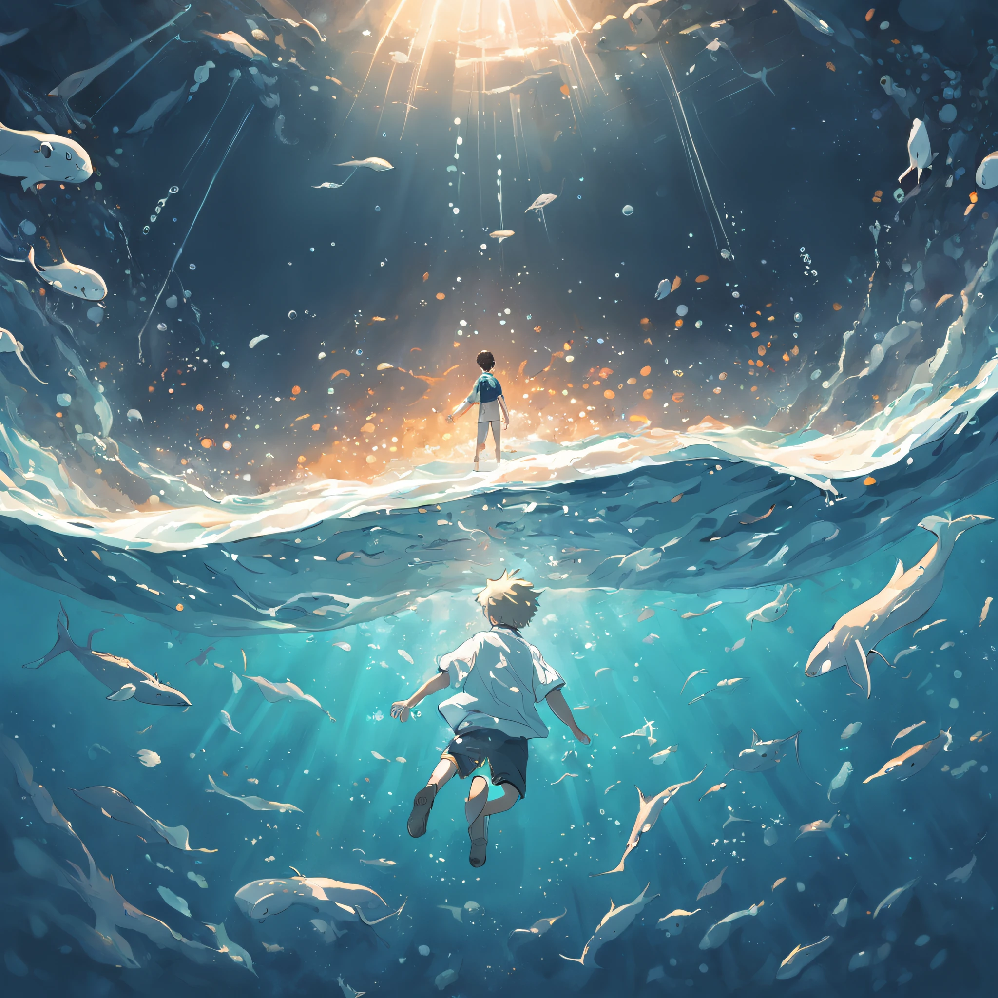 illustration:The boy in white swims with a whale on the bottom of the sea,The surrounding bubbles slowly rise,Sunlight shines obliquely into the water。