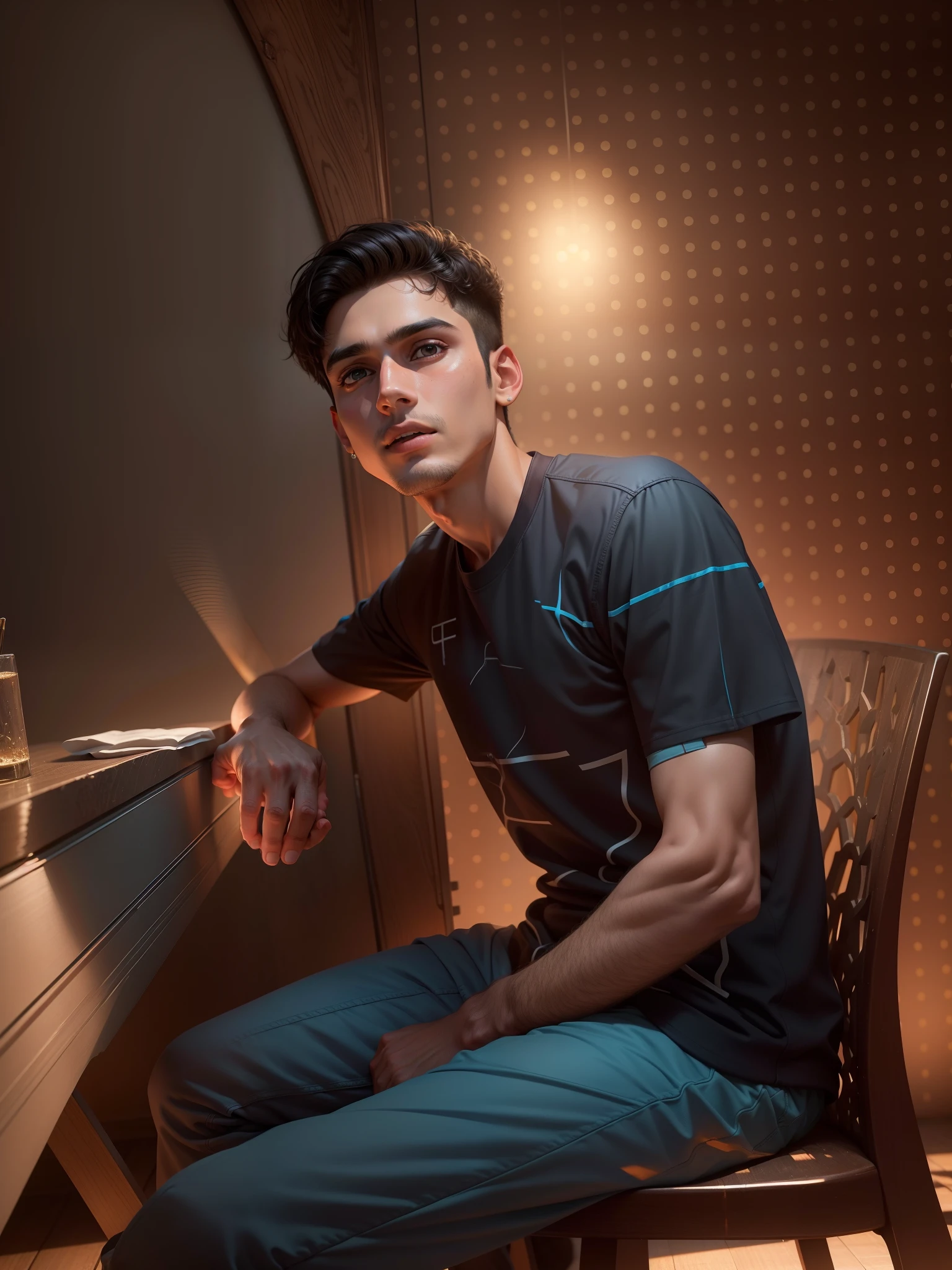 masterpiece, Best quality, ultra detailed, realistic, Detailed Face, Detailed and realistic skin, perfect shiny skin, One male, young man, 25 years old, (short Gradient black Hair), cinematic lighting, half body, sitting on gaming chair, front face, half body, teal green t-shirt, black long pants, sitting, sitdown