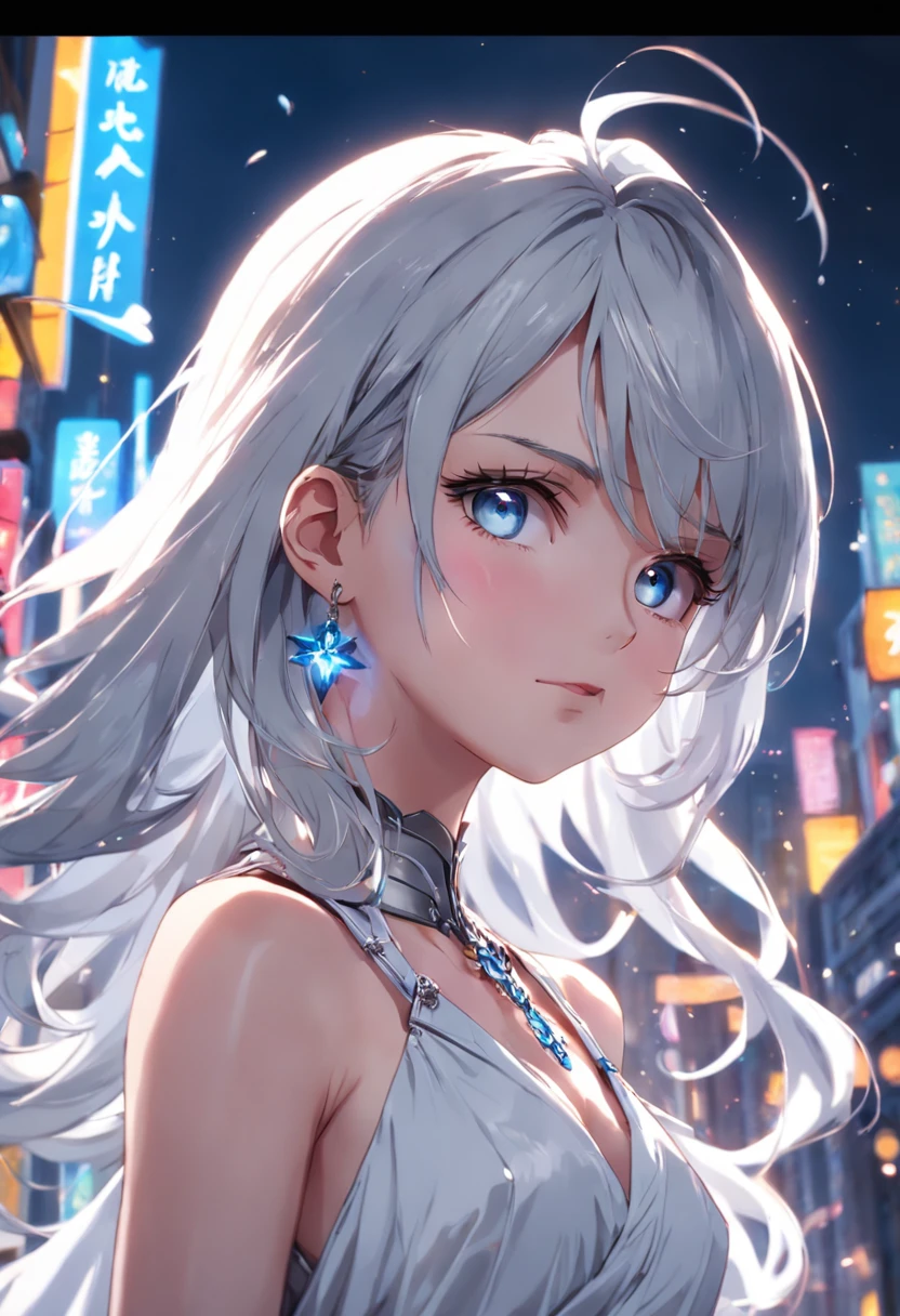 masterpiece, best quality, illustration, sax blue, platinum earrings, platinum necklace, white dress, 1girl, cute, (dynamic lighting:1.2), cinematic lighting, delicate facial features, detailed eyes, sharp pupils, realistic pupils, depth of field, bokeh, sharp focus, (hyper-detailed, bloom, glow:1.4), many small gems