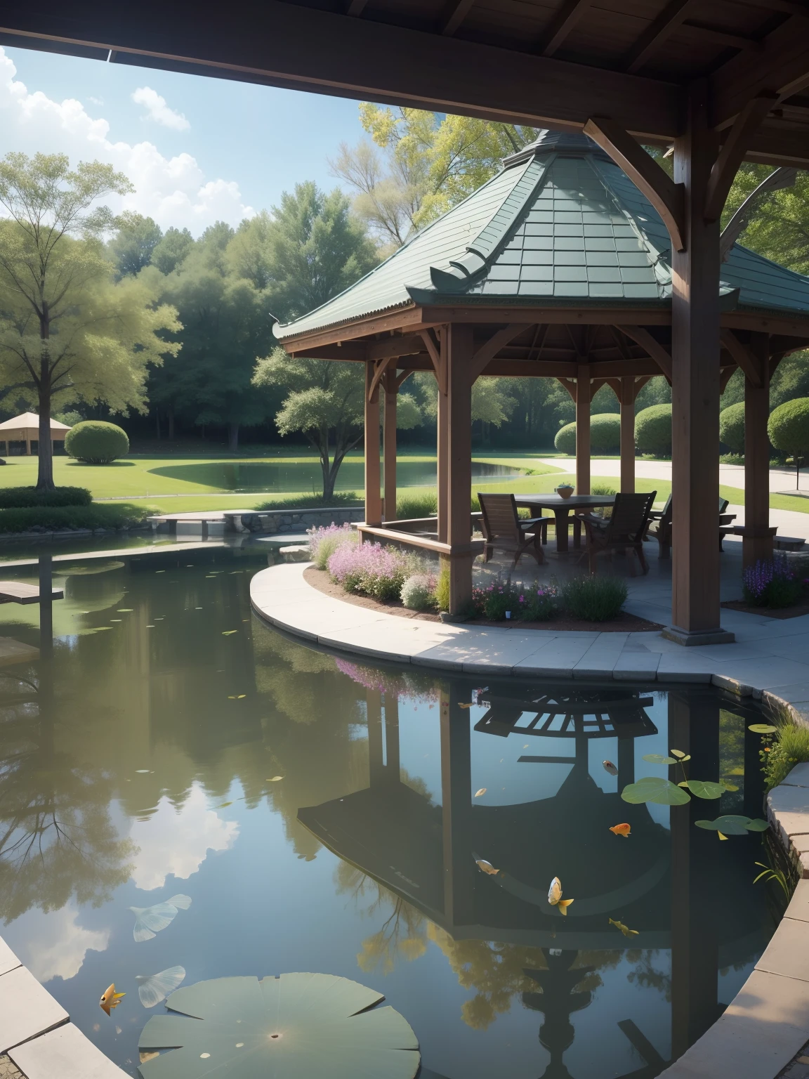 pavilion，There is a pond，There are fish